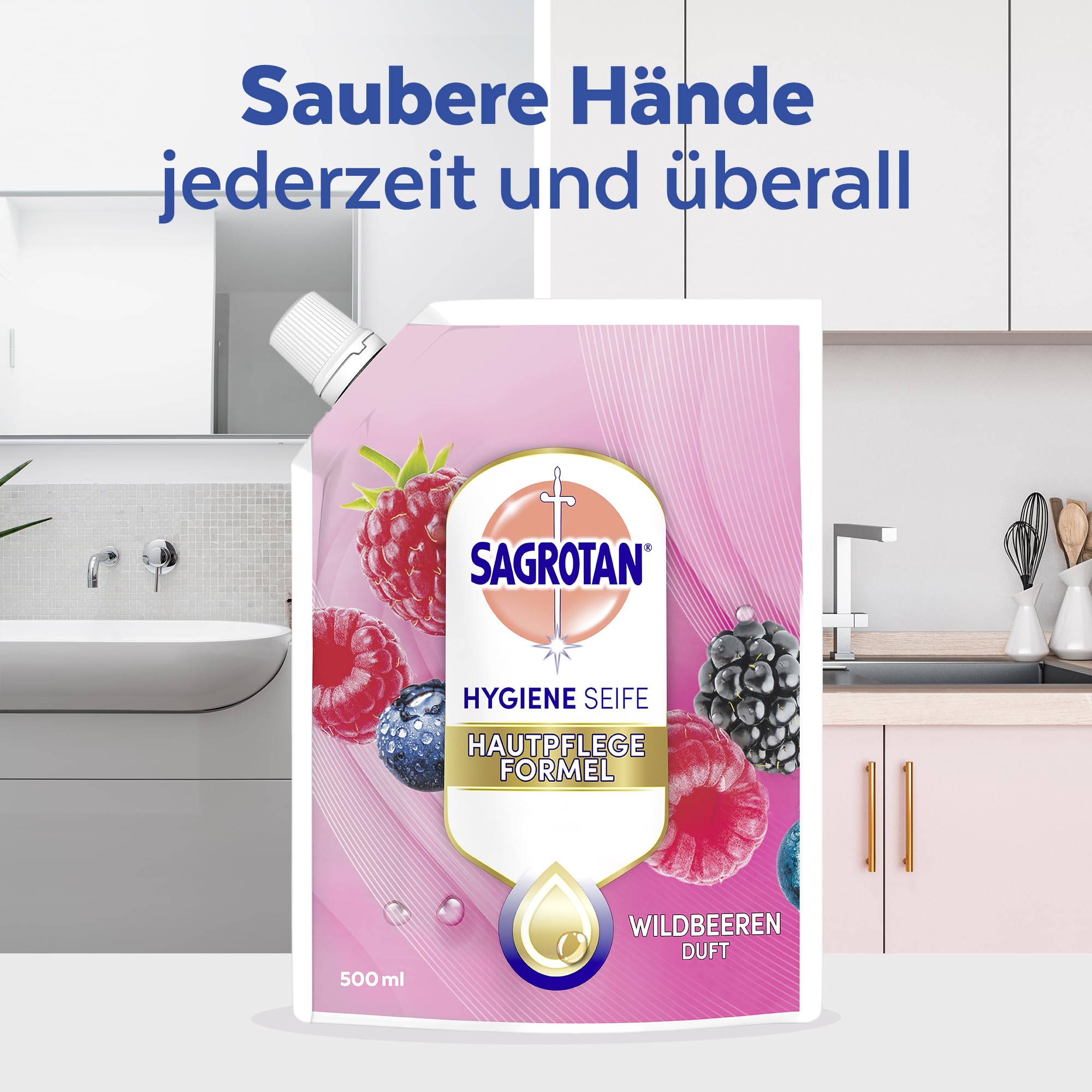 Sagrotan Handseife Nachfüller Brombeere und Waldfrüchte – Feuchtigkeitsspendend und stark gegen Bakterien – 6 x 500 ml Handseife