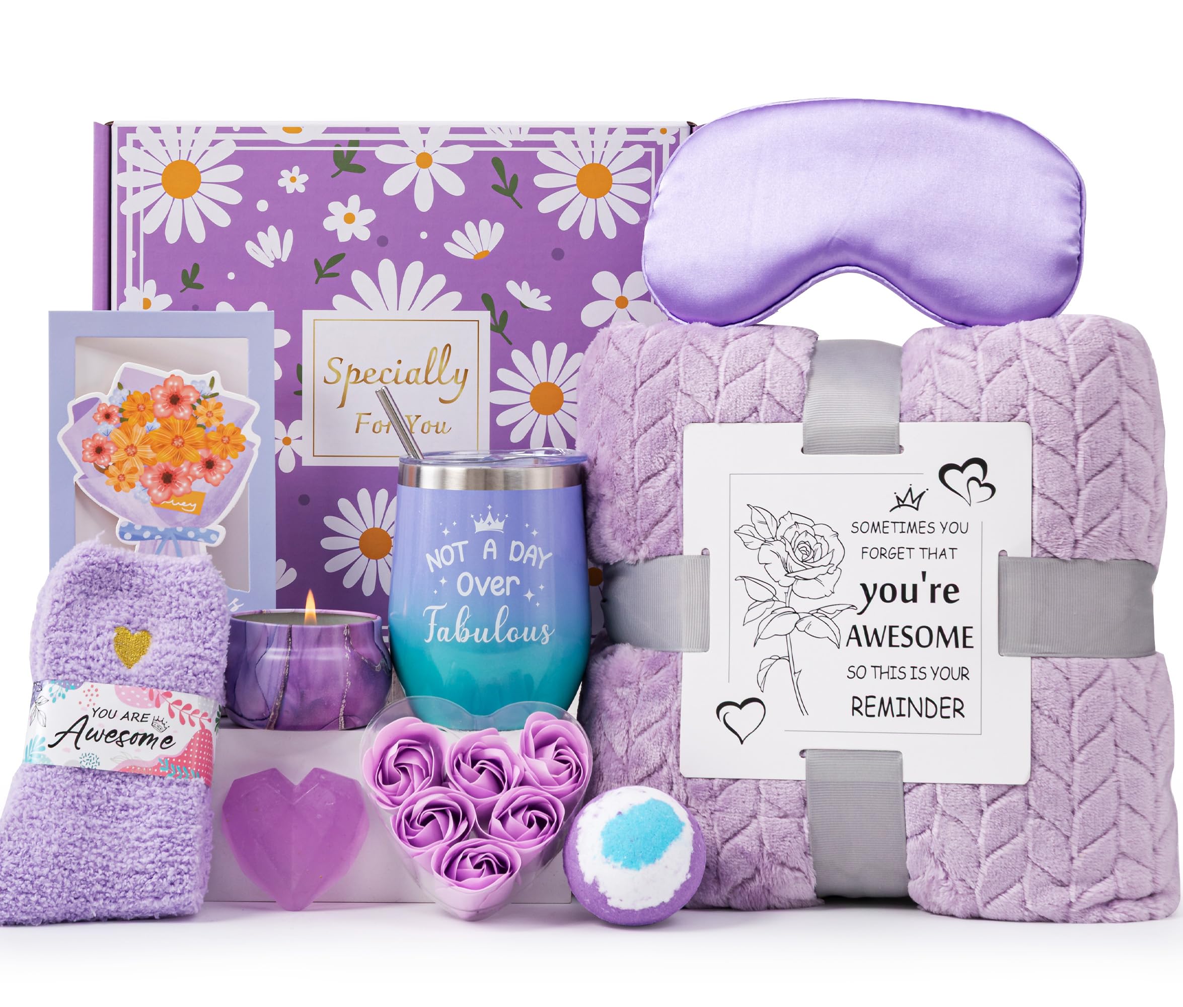 Birthday Gifts Basket for Women,Self Care Package Get Well Soon Box Relaxation Spa Bath Set for Her w/Luxury Flannel Blanket, Unique Mothers Day Hamper Pamper Gift Ideas for Her Mum Best Friend