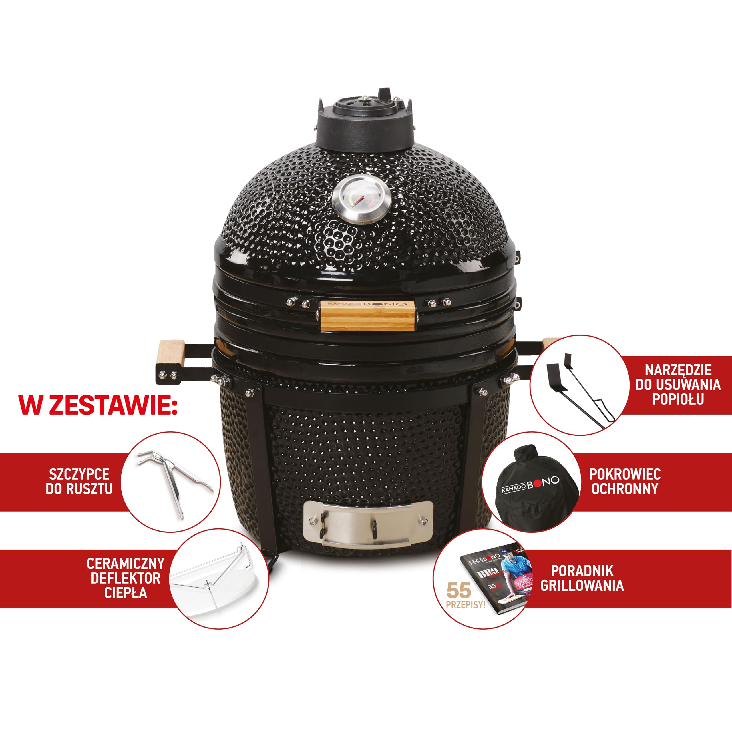Kamado Bono Minimo Grill Ceramiczny Ø40 cm – Kompaktowy Grill Węglowy 3w1 BBQ, Wędzarnia i Piekarnik + 5 Akcesoriów, Czarny, do Ogrodu i Na Taras