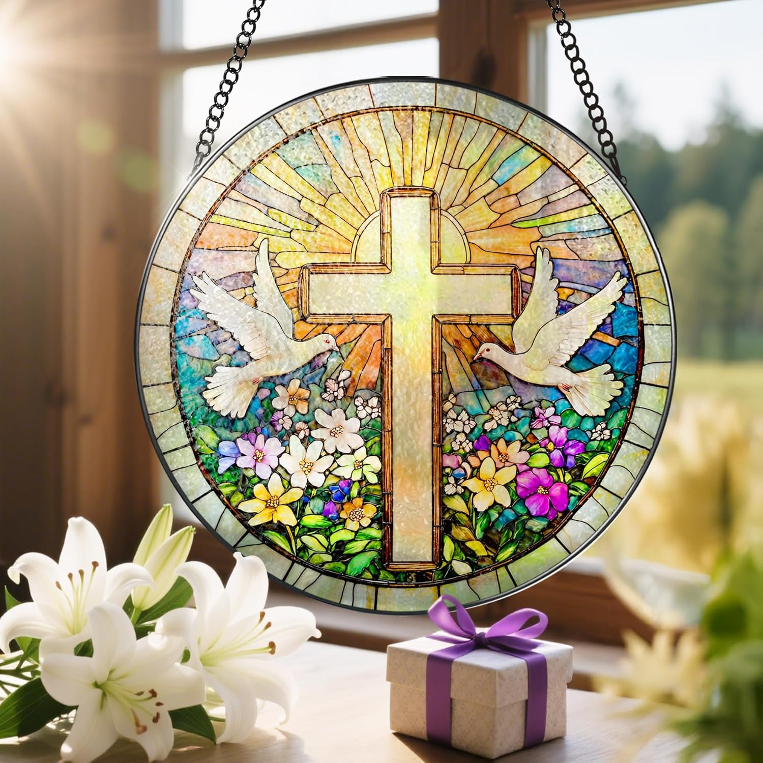 Cross and Wildflowers Stained Glass Suncatcher, 8 Inch Christian Stained Glass Windows Hanging, Flower Cross Gift for Religious, Christian Gifts, Easter Faith Home Decor - Image 6
