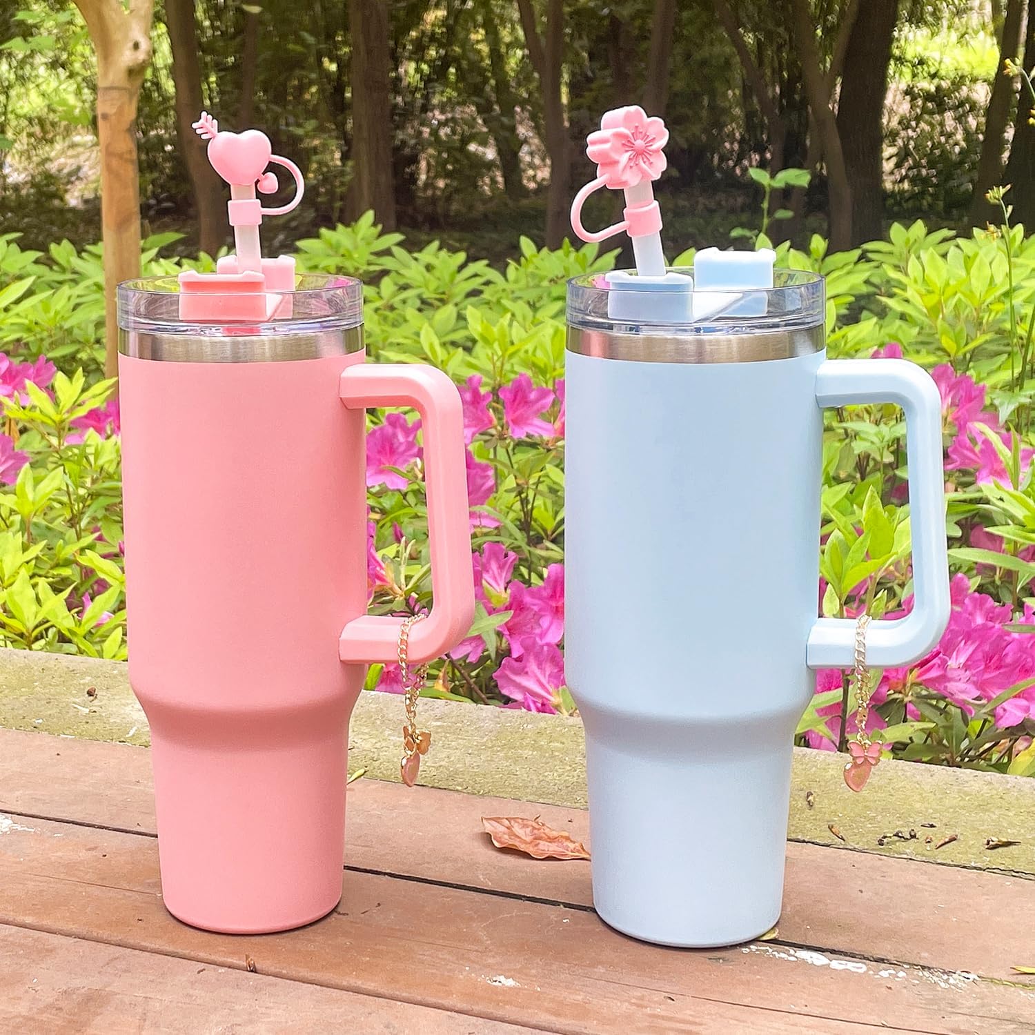 (2+2+2) 2pcs Flower Straw Cover 10mm For Stanley Tumbler Cup 2pcs Heart Reusable Straw Cap Topper with 2 Letter Charms Accessories Name ID Personalized Charm For Stanley 30&40 Oz Cup (L)