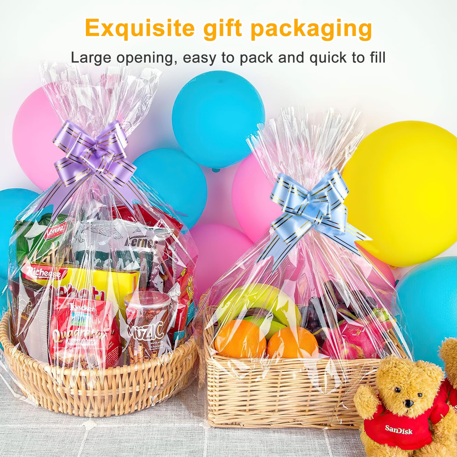 Bolsas de Celofán 90x60cm Grandes Transparente Bolsa Celofan Transparentes Con Cinta de Arcos y Cintas Metálicas para Regalos Embalaje Cestas Flores Manualidades y Ramos de Navidad (60x90cm)