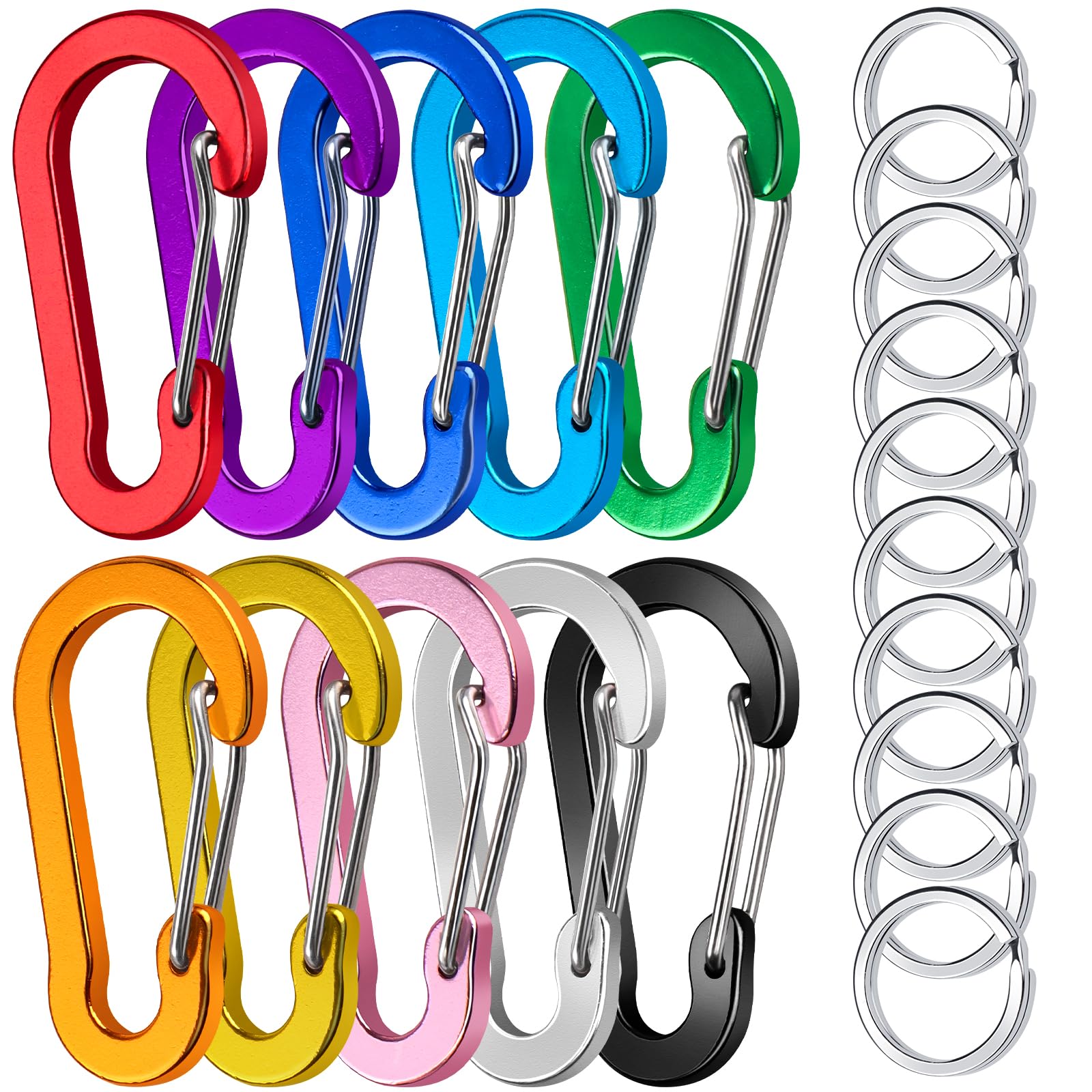 Caianwin 10 Stück Bunt Karabinerhaken Klein 5cm, Aluminium Karabiner mit Schlüsselringe Outdoor Schlüsselanhänger für Schlüssel, Camping, Rucksack, Angeln (10 Farben)