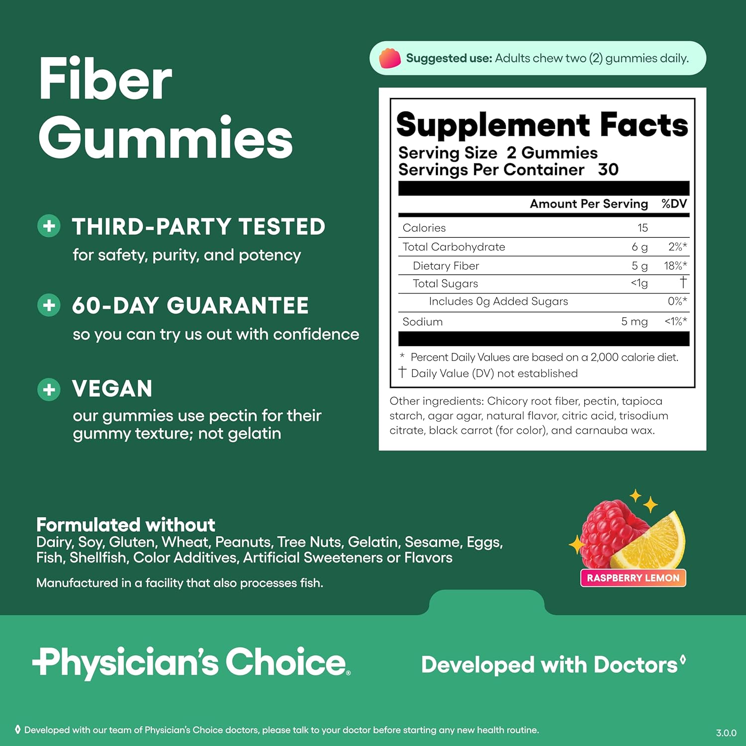 Physician’s Choice Fiber Gummies for Digestive Health & Regularity - Raspberry Lemon Flavor - No Sugar Added & Vegan - Natural Chicory Root Prebiotic Fiber - Daily Gummy for Adults, Women & Men - 60CT - Image 7