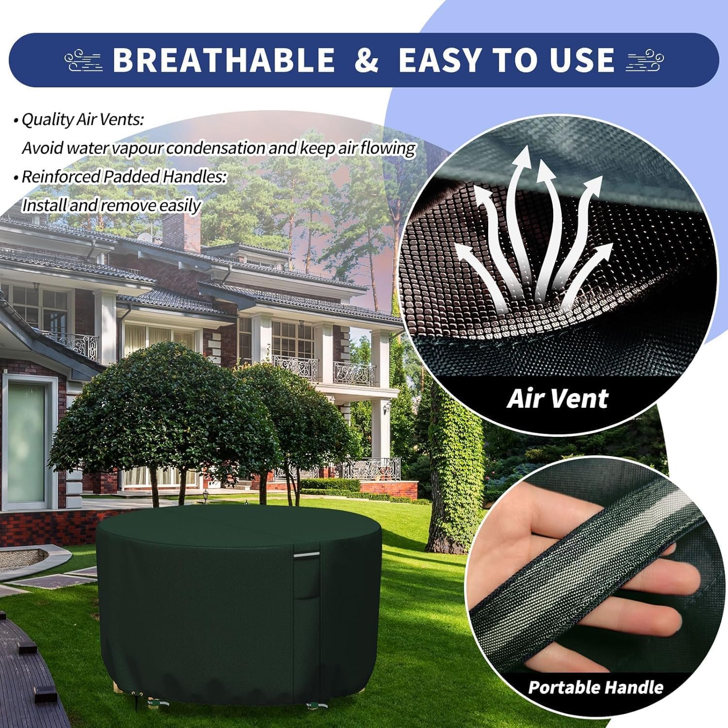 RICHIE Garden Furniture Covers - Waterproof, Outdoor Round Circular Table Cover 190x80cm, Heavy Duty 600D Oxford PVC, Green - Image 4