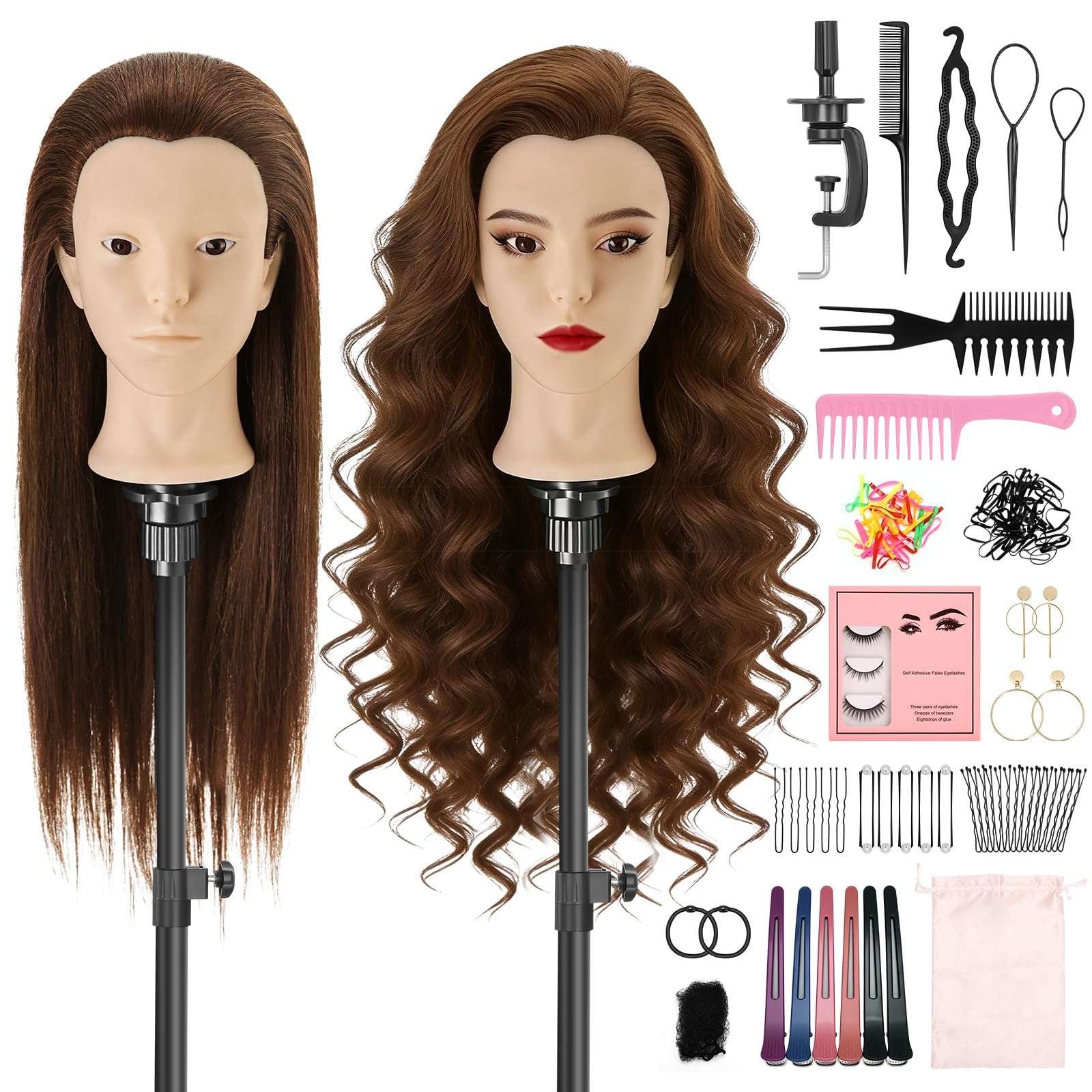 TwoWin 60 cm Frisierkopf 80% Echthaar, 24 Zoll Übungskopf Friseur | Friseurkopf Übungskopf Trainingskopf Friseur für Friseure für Styling & Friseurpraxis mit DIY Haarstyling Set (Braun)