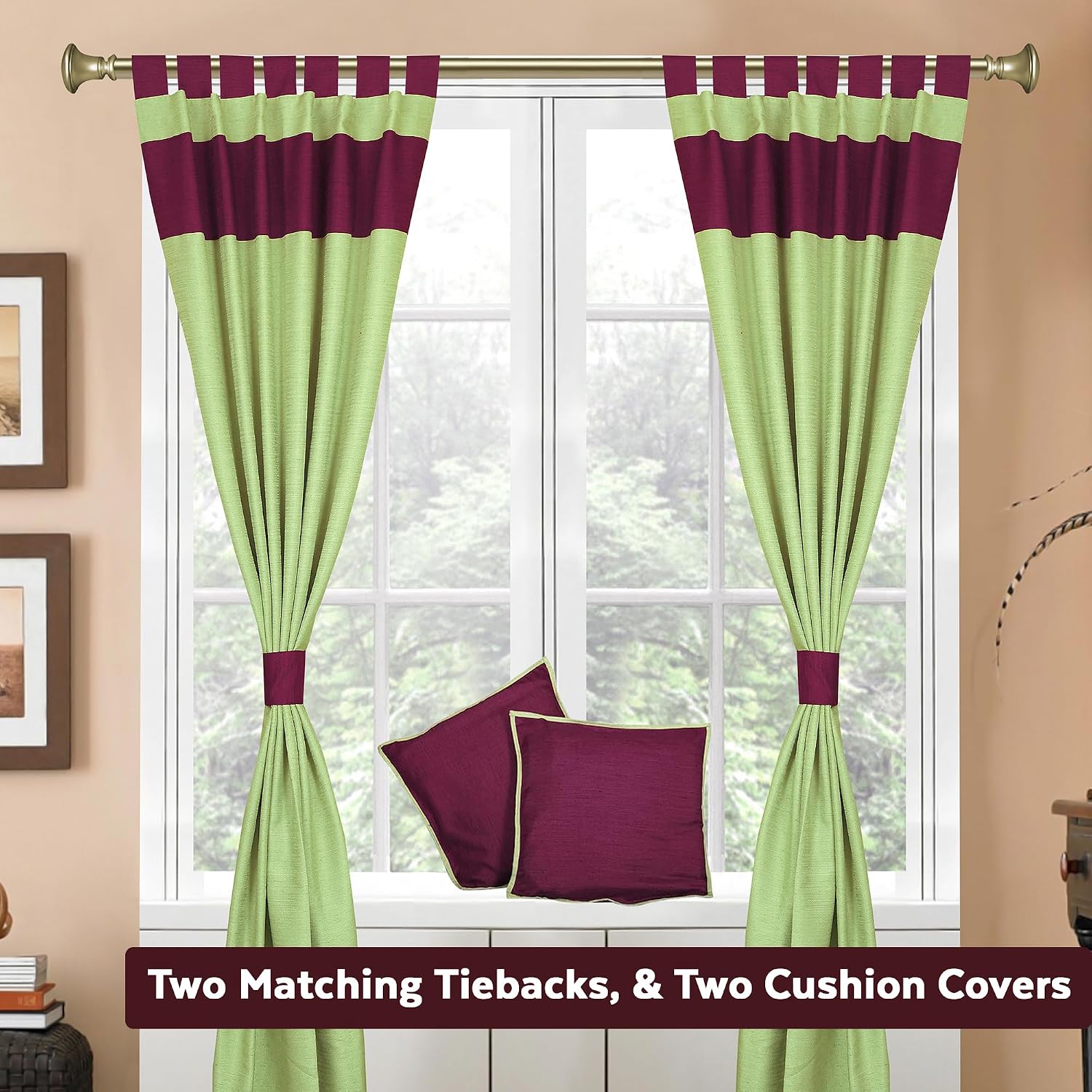 Elegant 6-Piece Silk Curtain & Cushion Set Two-Tone Olive Green, Tab Top Header style Machine Washable, 43"W x 108"L Panels, 2 Cushion Covers, Handcrafted Blended Raw Silk for Living & Dining Room