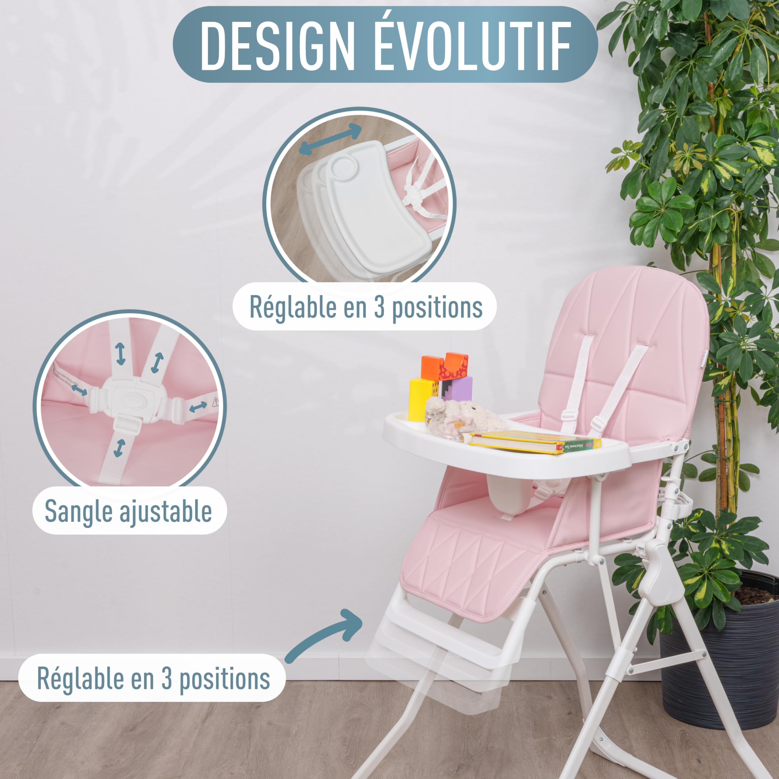 IB STYLE Siège bébé Leno - Chaise Haute pour Enfants, Léger (4,2 Kg) et Ultra Compact, Repose-Pieds, Réglable et Evolutive, Portable, Facile à Nettoyer, de 6 mois jusqu’à 3 ans (15 Kg), Rose
