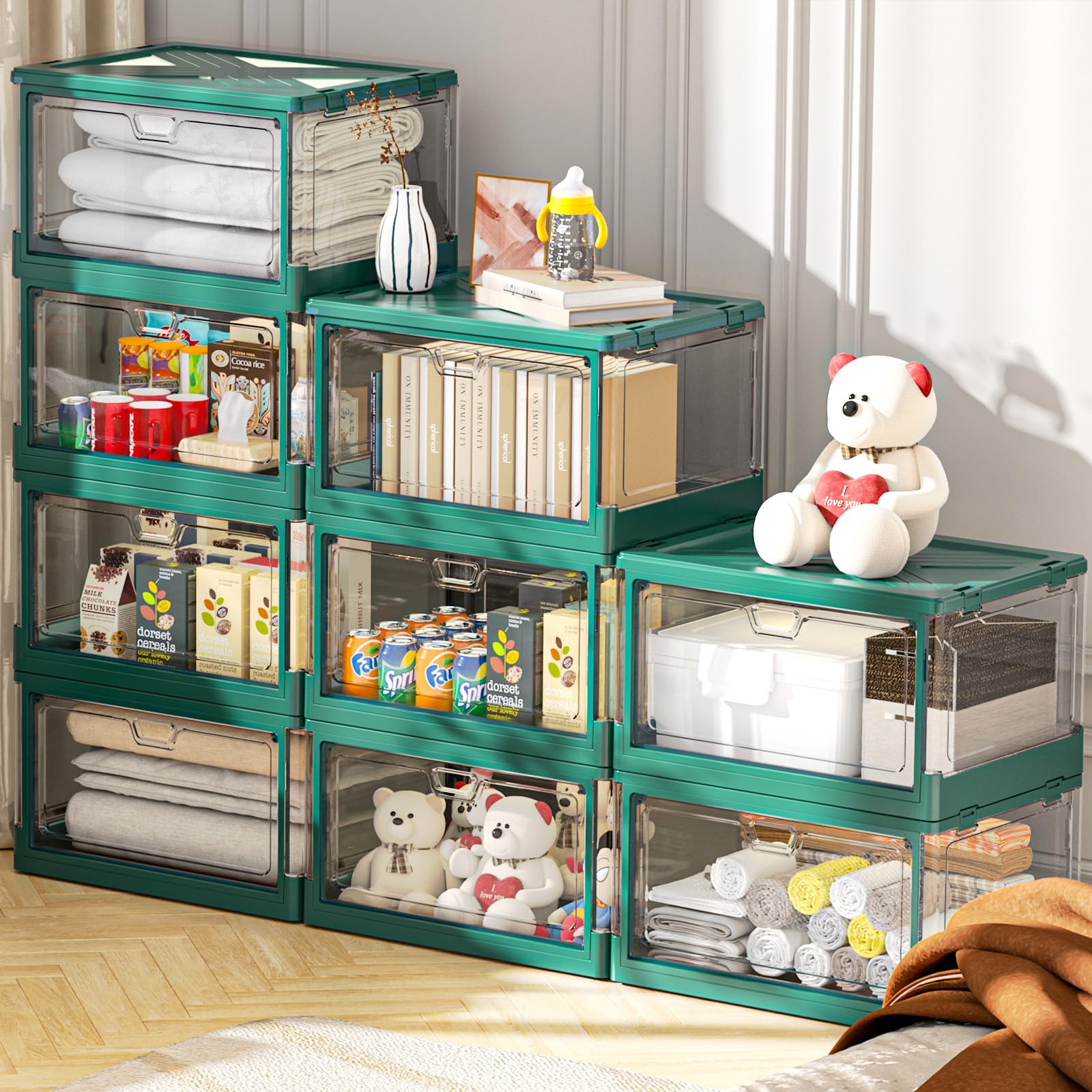 Clear Storage Bins with Lids 24Qt, 3 Packs Stackable Storage Bins, Acrylic Organizers , Plastic Multifunctional Folding Storage Bins, Collapsible Stackable Storage Box for Bedroom, Living Room, Green