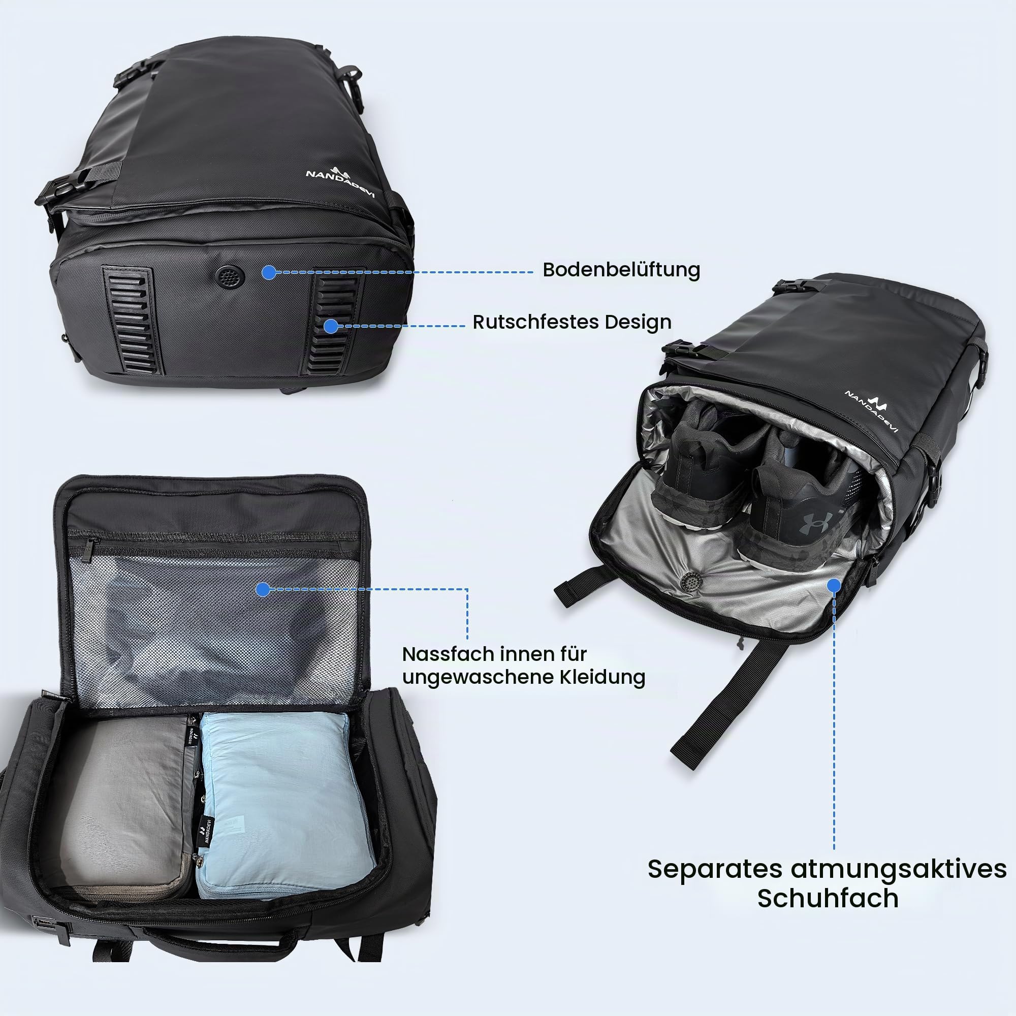 NANDADEVI Rucksack Herren, 40l, großer, robuster, wasserabweisender Wanderrucksack mit Trocken- und Nassisolierung, Laptop-Rucksack für 17,3-Zoll-Laptops
