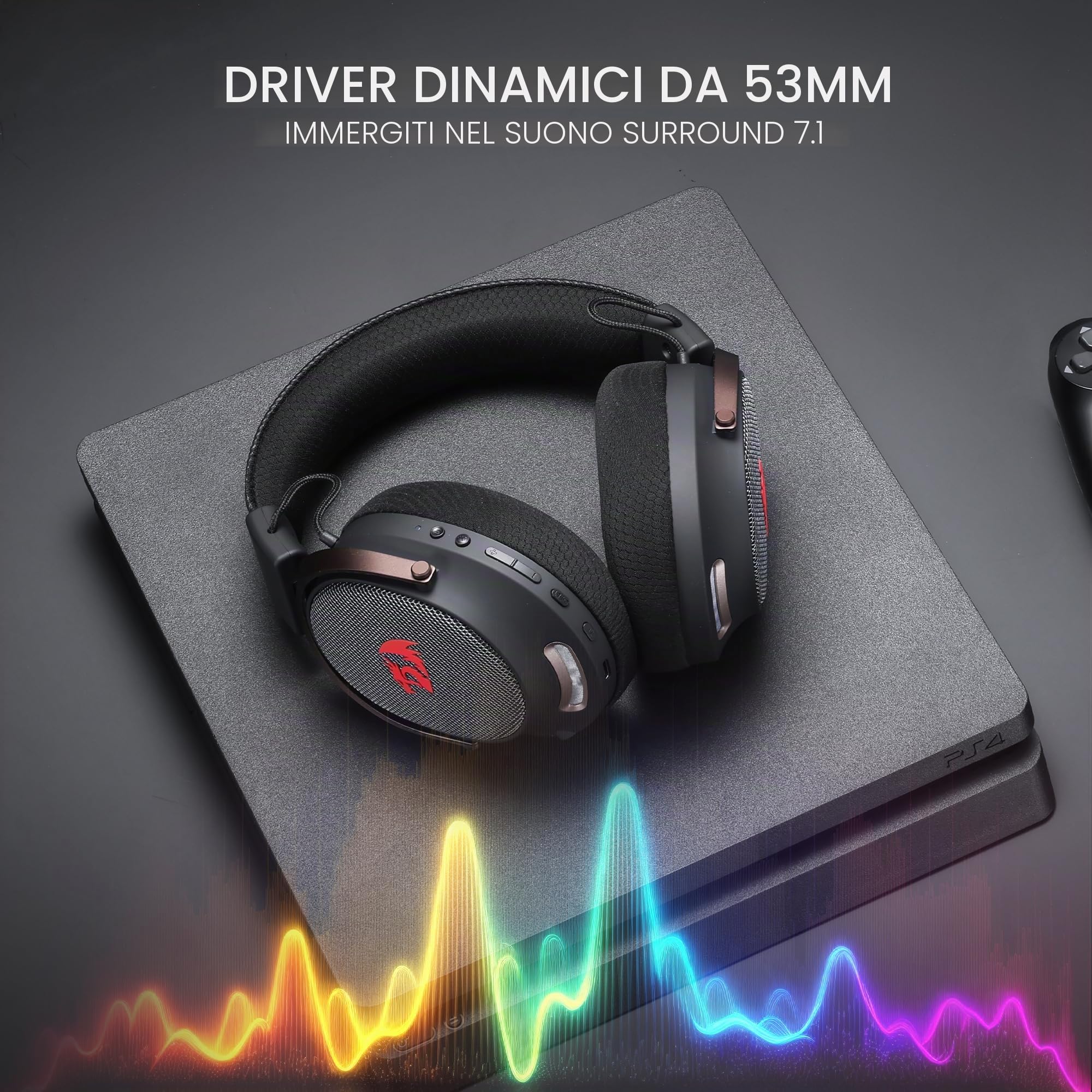 Redragon H858 Cuffie Gaming Senza Fili 7.1 Surround Nere | Driver 53 mm, cuscinetti memory foam, microfono rimovibile, compatibile con PC PS5 NS cellulare