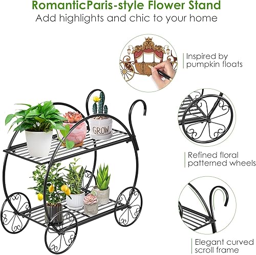 Miniatura 4 de Safstar Soporte de metal para plantas, estante de carrito de jardín de dos niveles para interiores y exteriores, hogar, jardín, patio, estilo