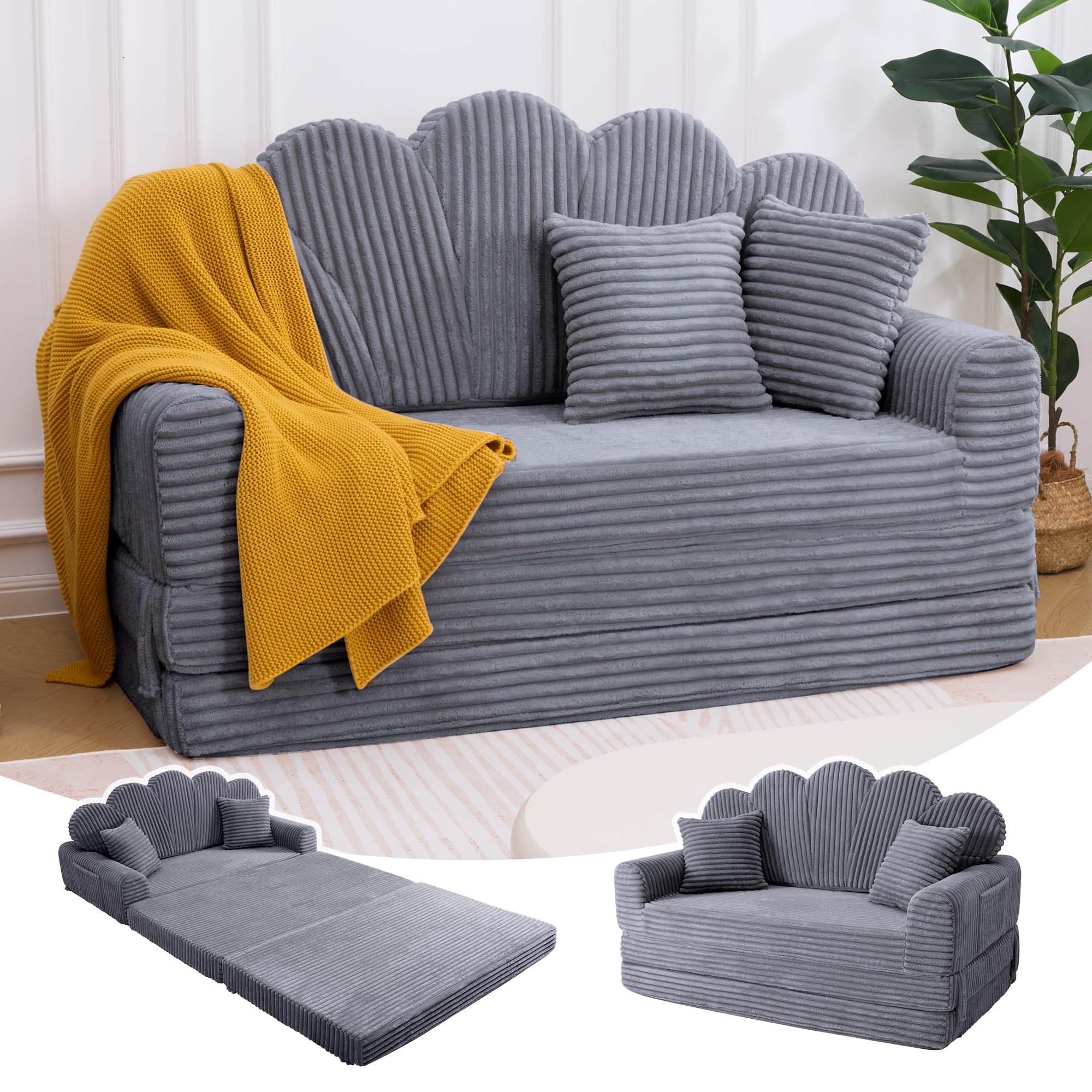 IRONCK Schlafsofa 2-Sitzer Sofa mit Schlaffunktion Boneless Sofa Bed aus Cord & Schaum, Sofabett 153x267cm, Klappbar Schlafcouch, 2 Kissen & Seitentaschen, Bettsofa für Wohnzimmer Schlafzimmer, Grau Küche, Haushalt & Wohnen