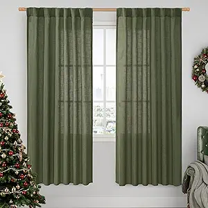 LAMIT Light Filtering Linen Curtains 78 inch for Bedroom, Linen Textured Semi Sheer Back Tab and Rod Pocket Boho Modern Christmas Decor Drapes for Living Room, Olive Green, 2 Panels, 52 x 78 Inch