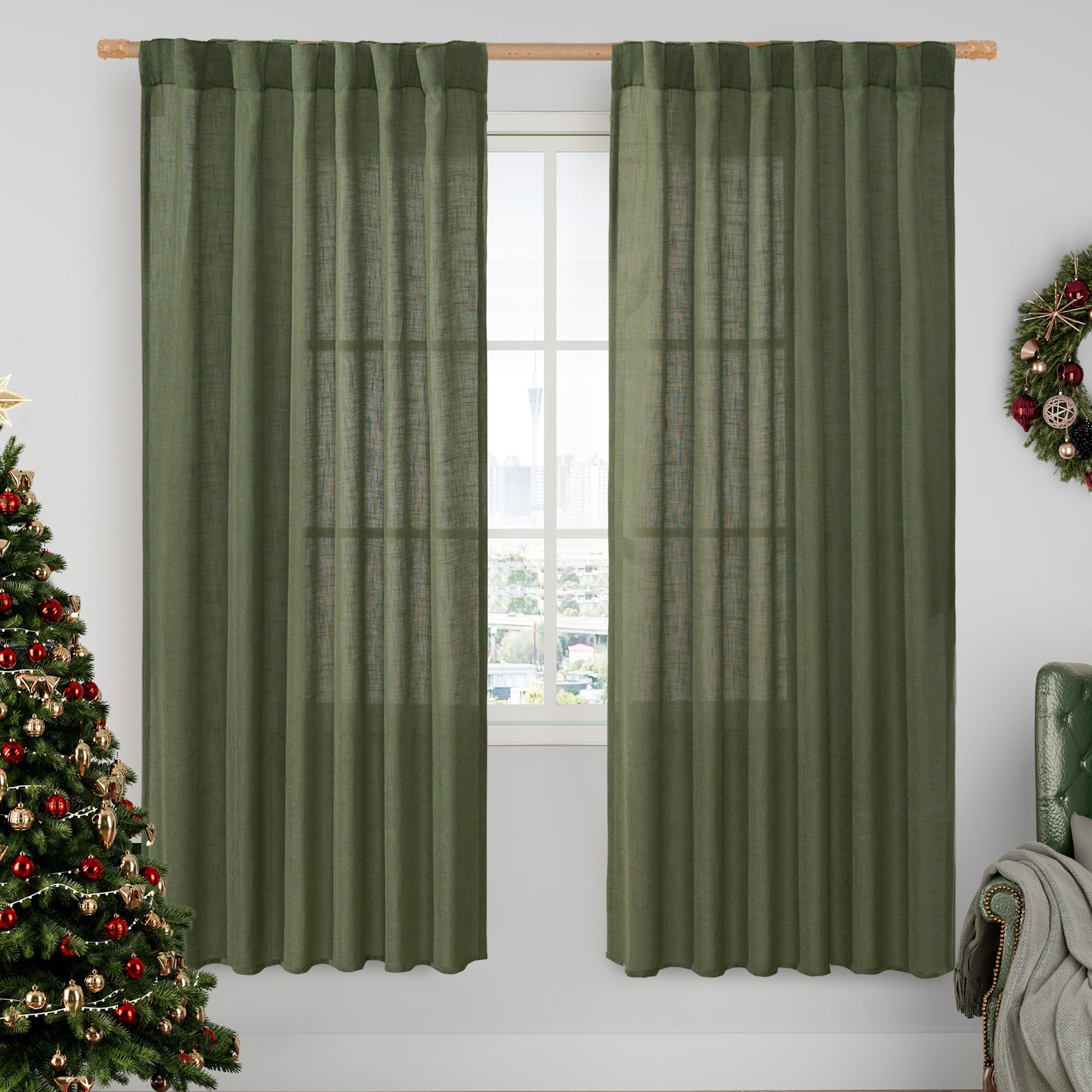 LAMIT Light Filtering Linen Curtains 78 inch for Bedroom, Linen Textured Semi Sheer Back Tab and Rod Pocket Boho Modern Christmas Decor Drapes for Living Room, Olive Green, 2 Panels, 52 x 78 Inch โ image 1