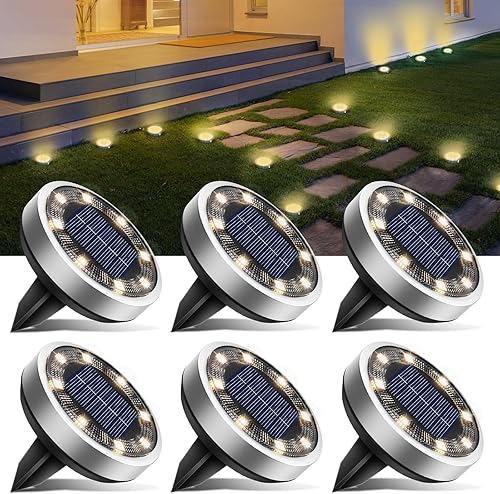 Miniatura 10 de btfarm Paquete de 16 luces solares de tierra para exteriores, 8 luces LED solares de disco IP65 impermeables, luz solar plana, luces de camino