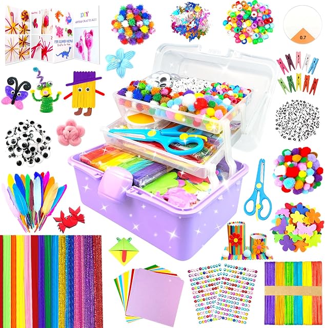 3000 Fournitures d'art et d'artisanat pour les enfants Trousse d'artisan Boîte d'Artisanat avec Nettoyeurs de Pipe Arts et artisanat pour enfants 4-6 ans, 6-8, 8-12 ans DIY Fournitures scolaires Matériel Set Jouets Cadeaux pour filles Garçons Tout-petits, Violet