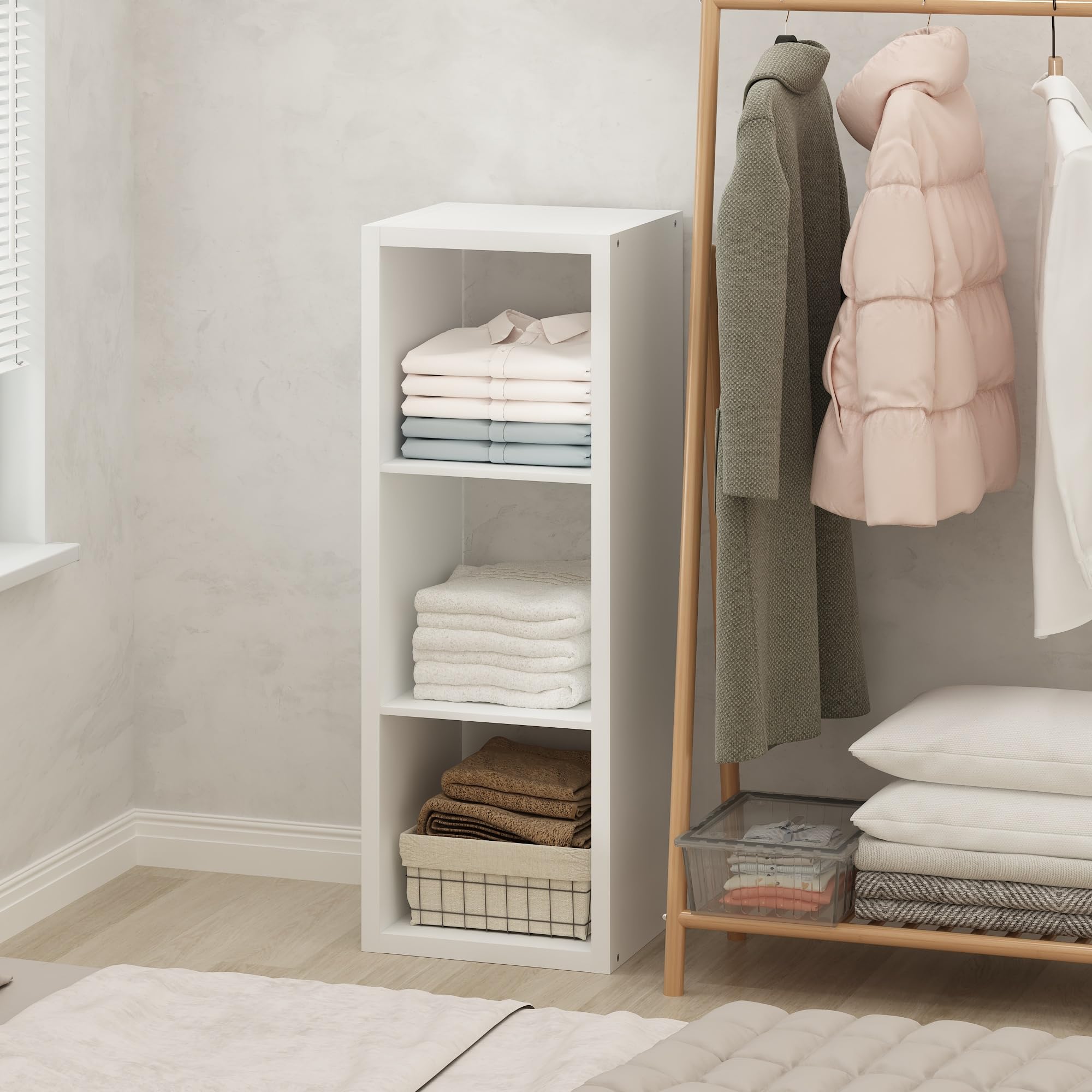 Furinno Cubic Open Back Multipurpose Clothing & Closet Storage Organizer Shelf, 3-Cube, White