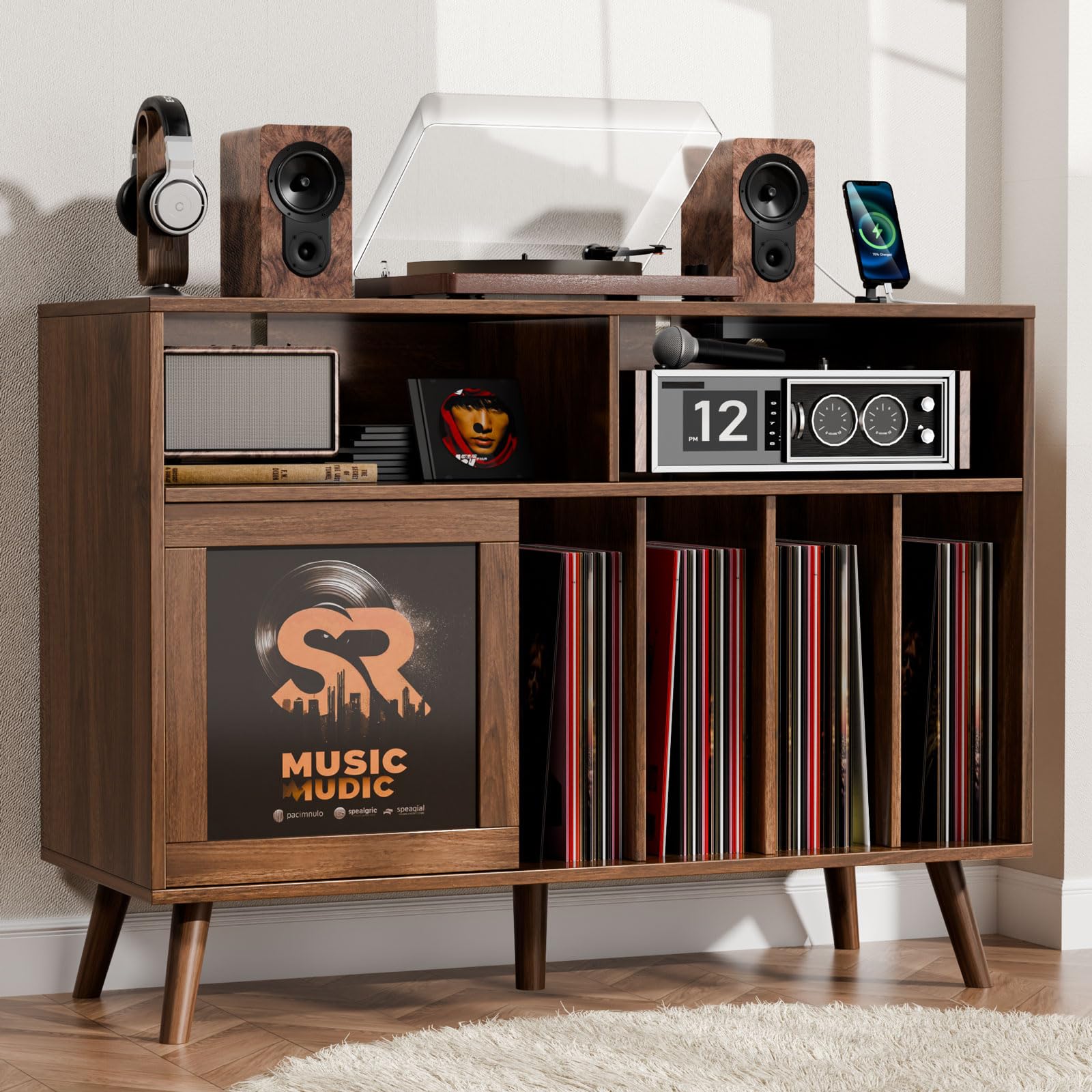 Großer Plattenspieler-Ständer mit Schiebetüren, Plattenständer für über 500 Schallplatten mit Ladestation, Vinylplatten-Halterung mit Ausstellungsfläche, Plattenspieler-Tisch aus Holz für Wohnzimmer