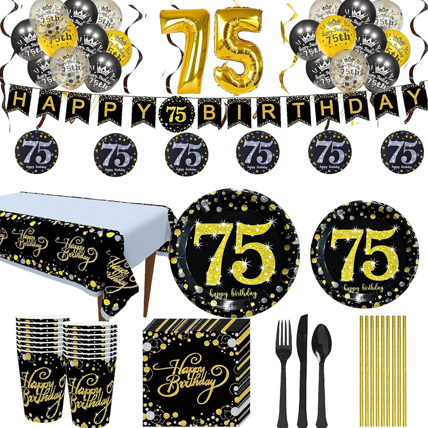 Trgowaul 75th Birthday Party Supplies Black and Gold