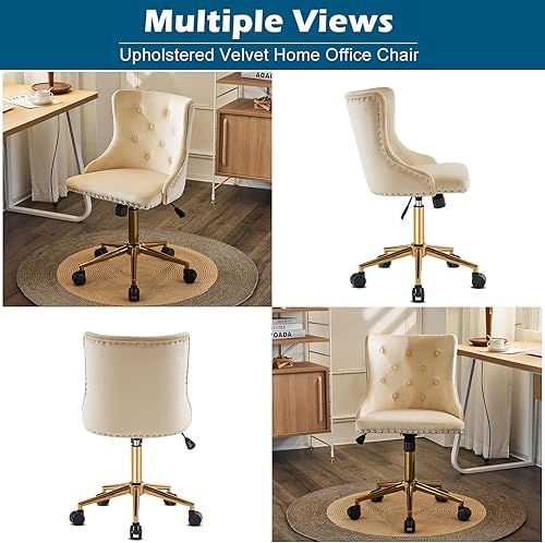 Miniatura 3 de VINGLI Silla de escritorio de terciopelo beige sin brazos para oficina en casa con base doradaruedas, pequeña silla de tocador y maquillaje con