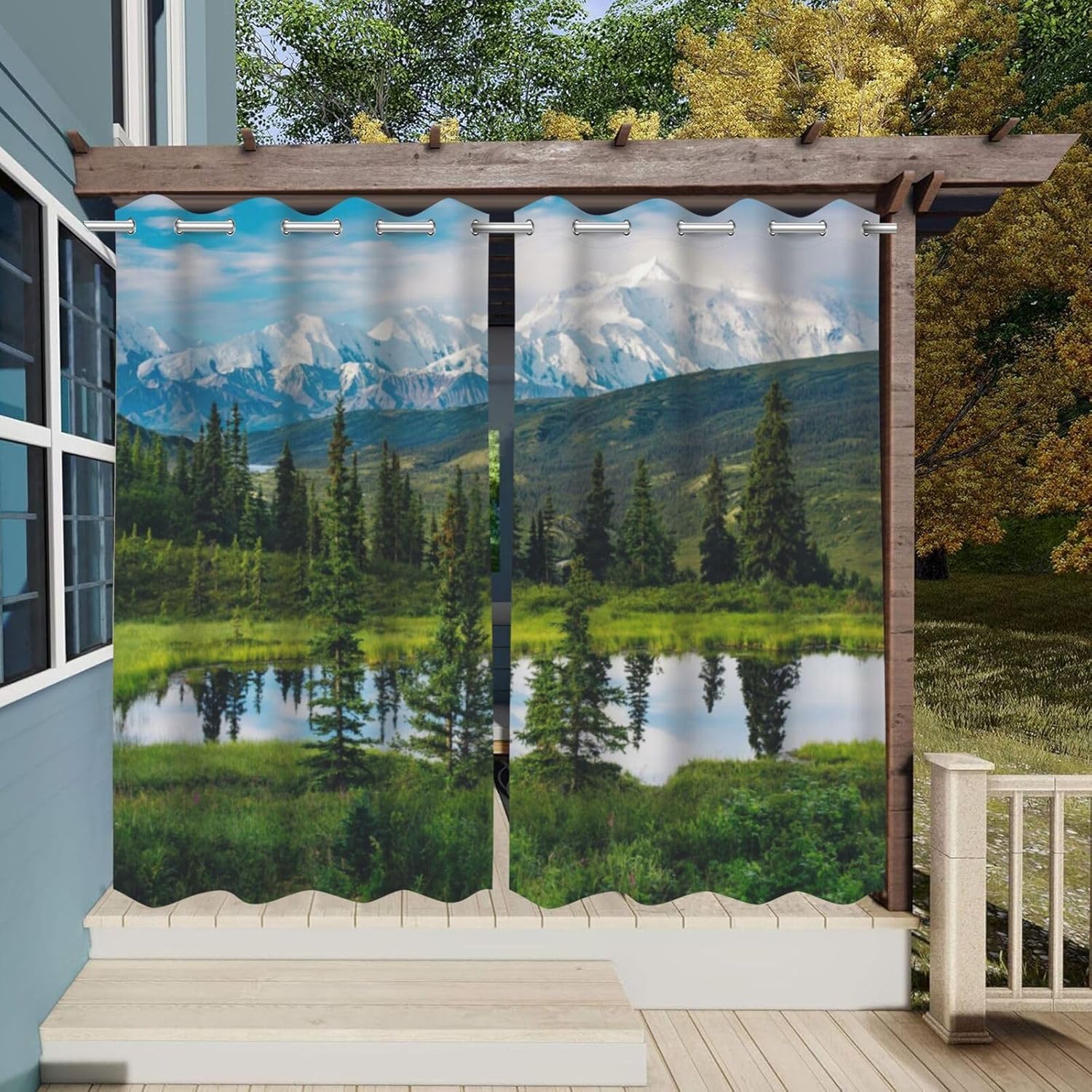 Nature landscape Waterproof Outdoor Curtains for Patio,lake and pine trees and snowy mountains Print,Grommet Curtain for Bedroom, Porch, Living Room, Pergola, Cabana,2 Panel,54 x 84 inch,green Blue