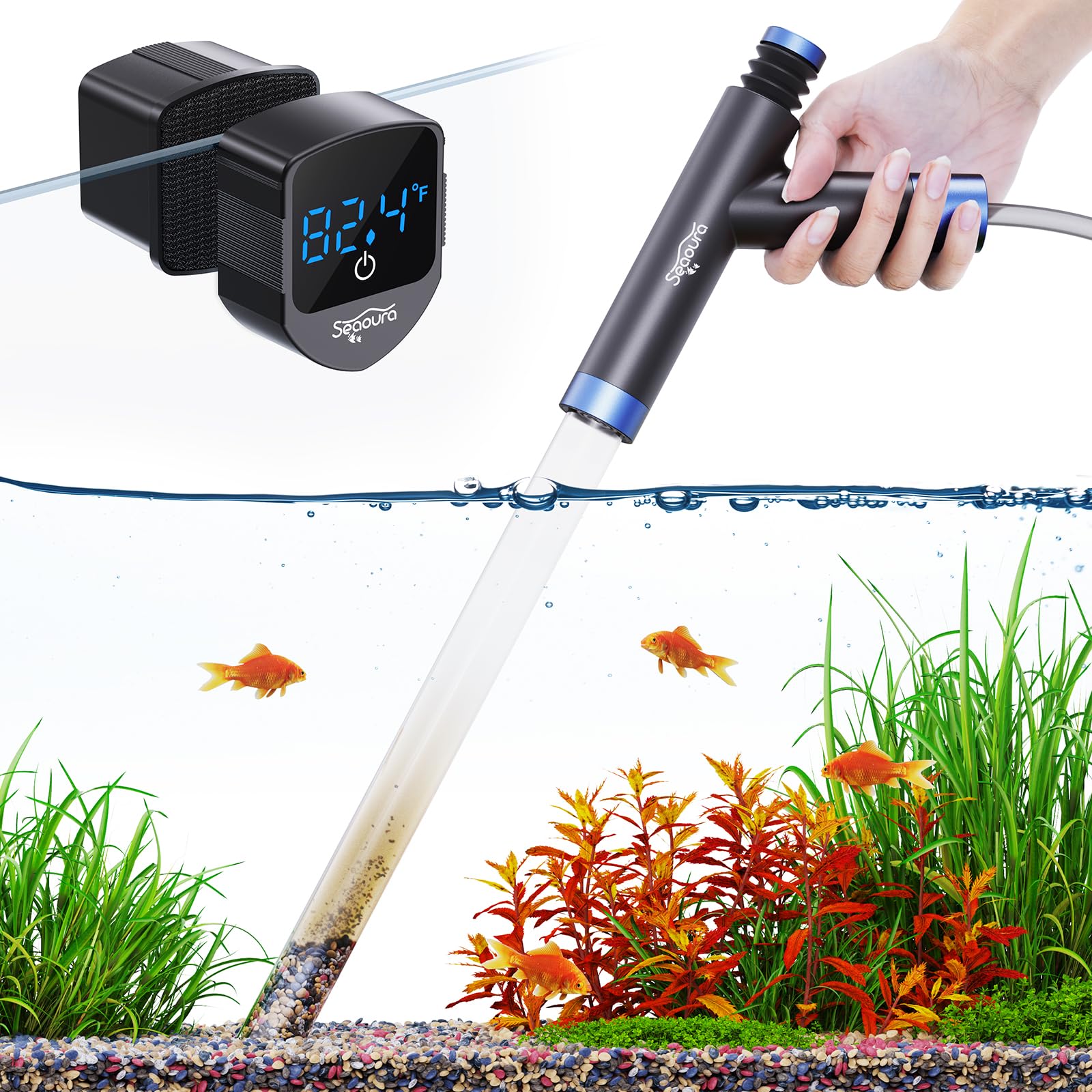 SEAOURA Aquarium Siphon Pump Gravel Cleaner Tool with Aquarium Magnetic Cleaner