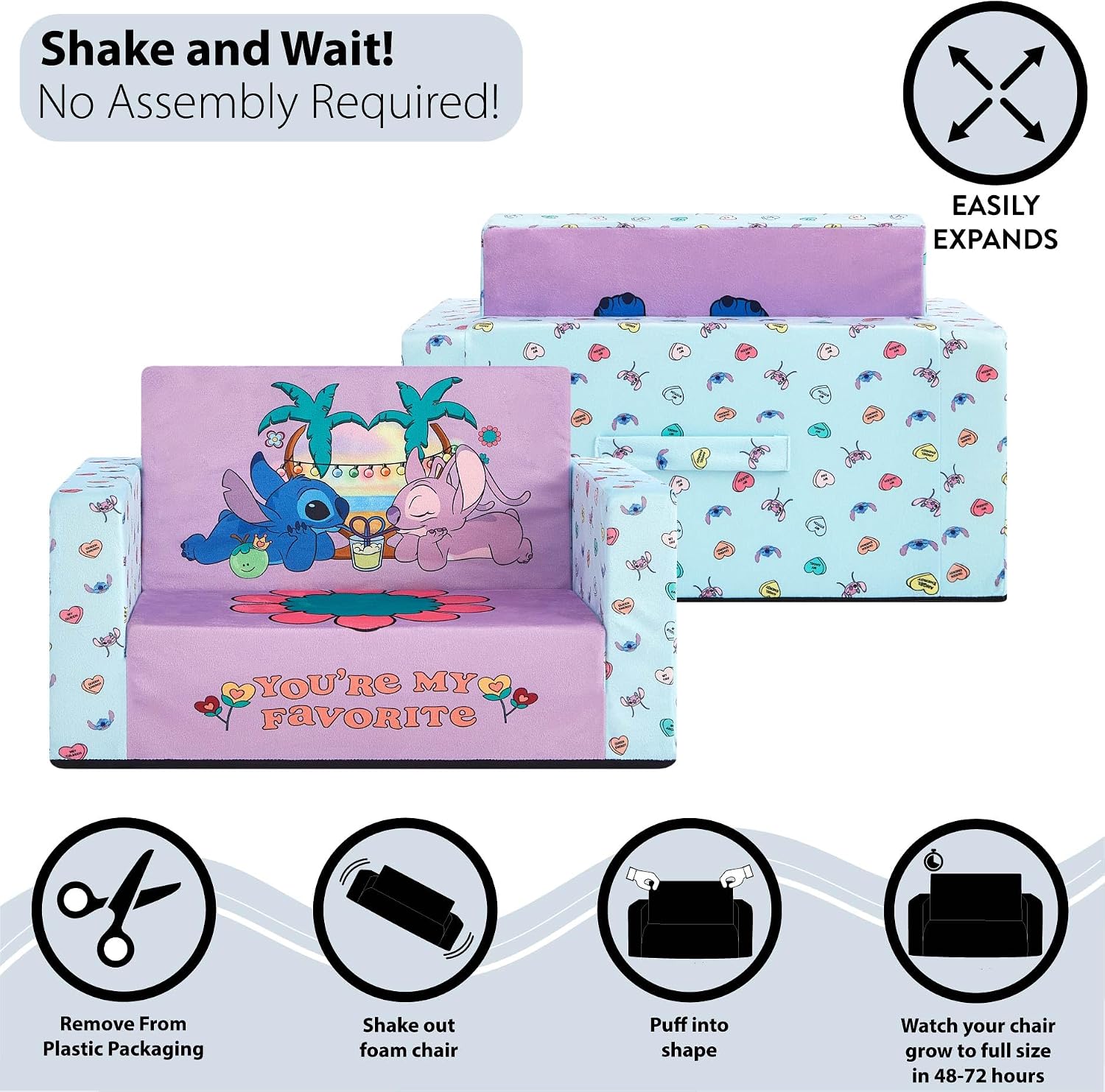 Idea Nuova Disney Stitch Flip Open Foam Chair, Convertible Toddler Couch & Fold-Out Lounger, Soft Expandable Sofa for Reading, Naps & Playroom, No Assembly Required