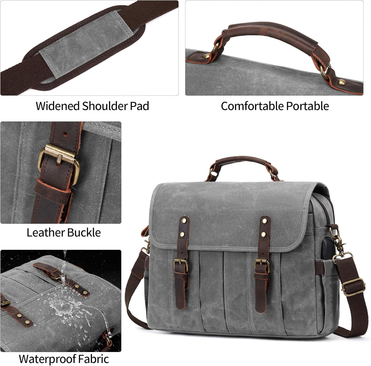 Messenger Bag for Men 15.6 Inch Vintage Canvas Genuine Leather Briefcase for Men Laptop Bag Satchel Shoulder Bag - Image 7