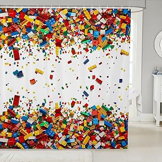 3D Building Blocks Bath Curtain Construction Shower Curtain Set 72" Wx72 L,Colorful Bathroom Accessories Kids Boys Bricks Rainbow Gradient Room Decor for Teen Girls,White