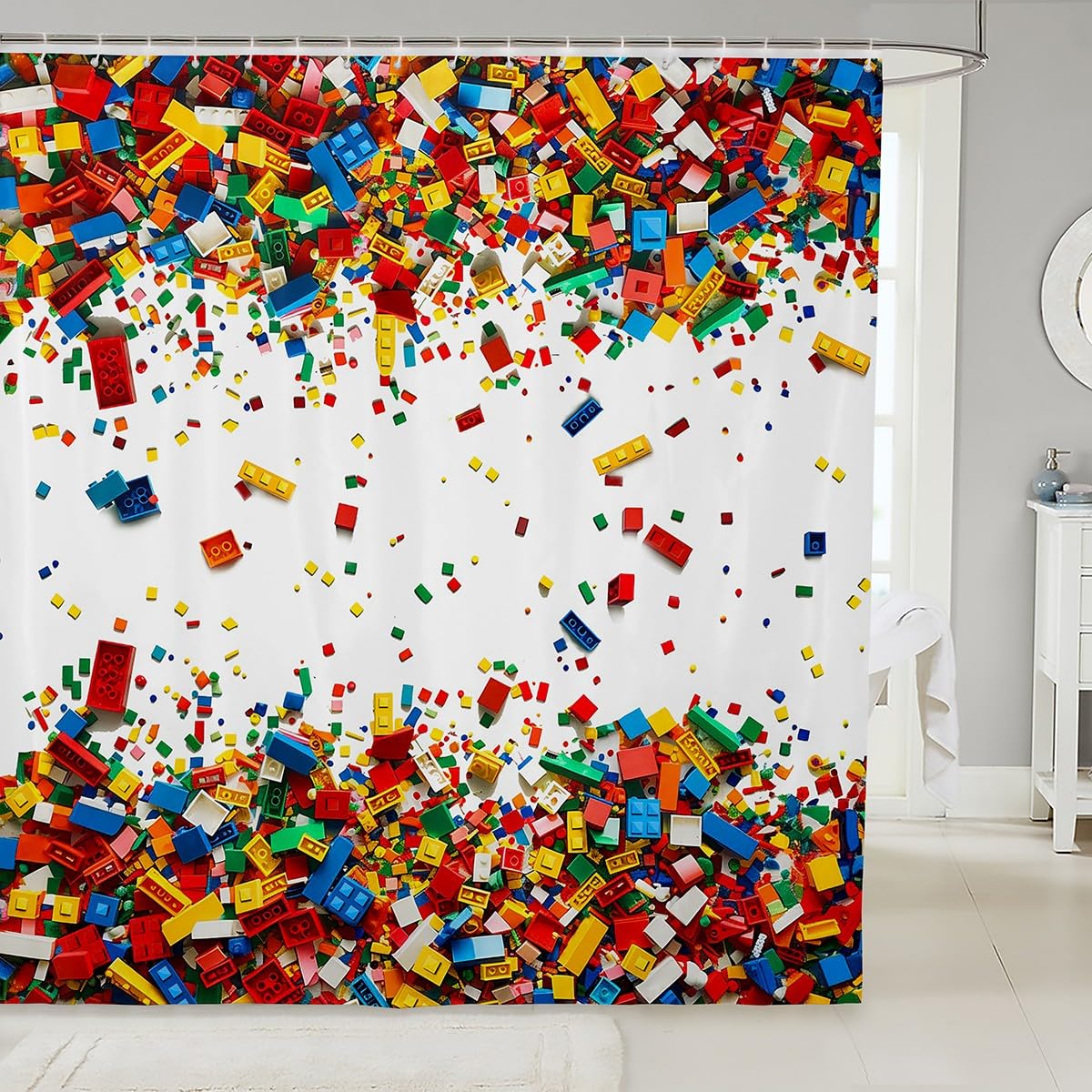 Erosebridal 3D Building Blocks Bath Curtain Construction Shower Curtain Set 72" Wx72 L,Colorful Bathroom Accessories Kids Boys Bricks Rainbow Gradient