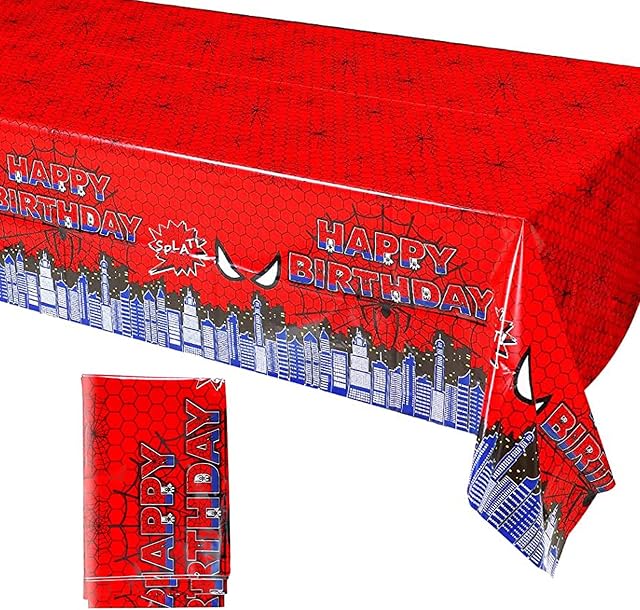130*220CM Spider-Man Happy Birthday Tablecloth Red Spider Superhero Theme Party Table Cloth Disposable Rectangular Marvel Avengers Party Table Covers for Kid Boy Man Birthday Party Decoration