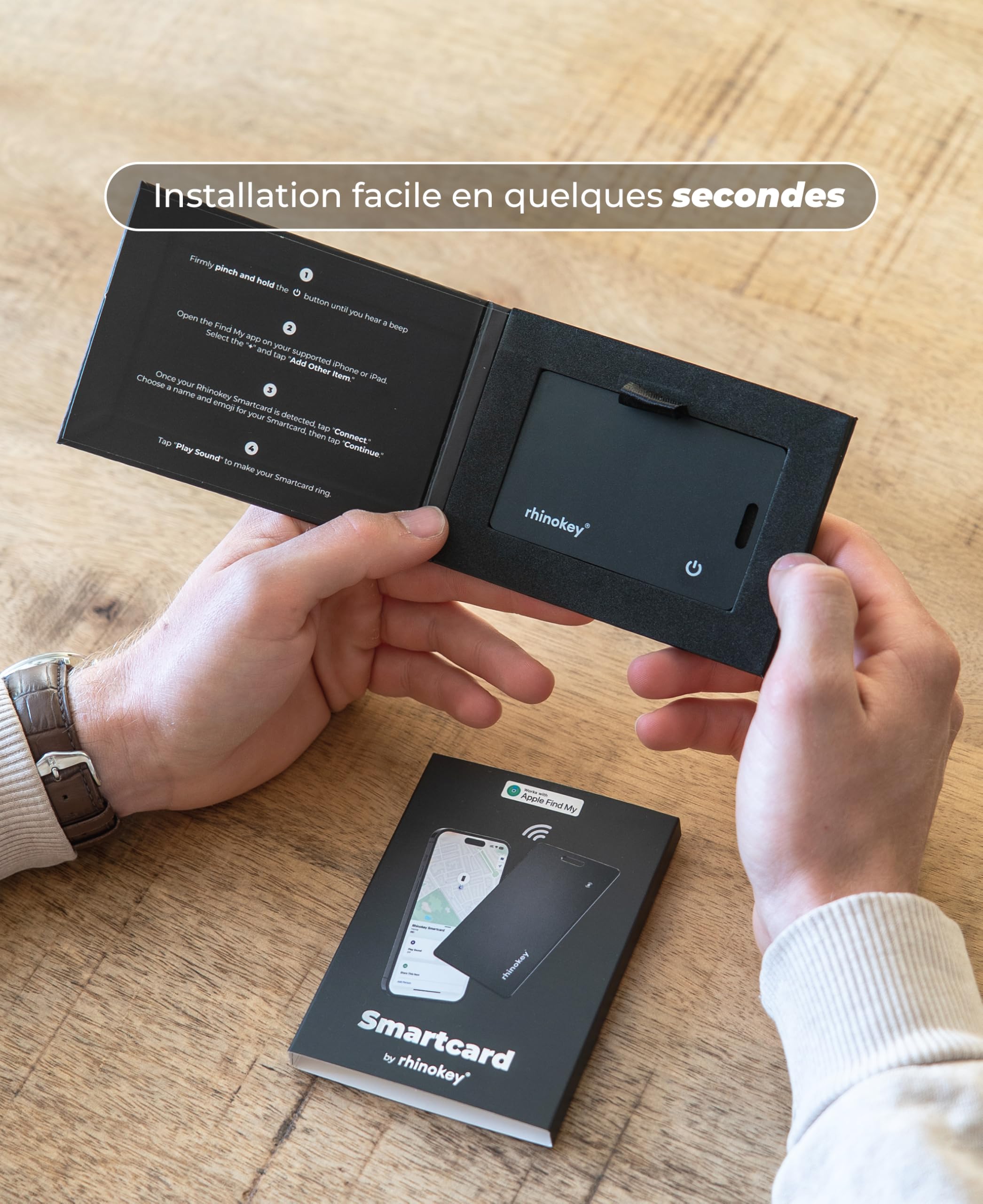 Rhinokey® Carte Traqueur Portefeuille Certifiée Apple MFi (iOS uniquement) – Ultra-Fine 1,8 mm, Rechargeable sans Fil, Étanche IP68, Compatible Apple Find My pour Portefeuille, Bagages, Clés et Objets