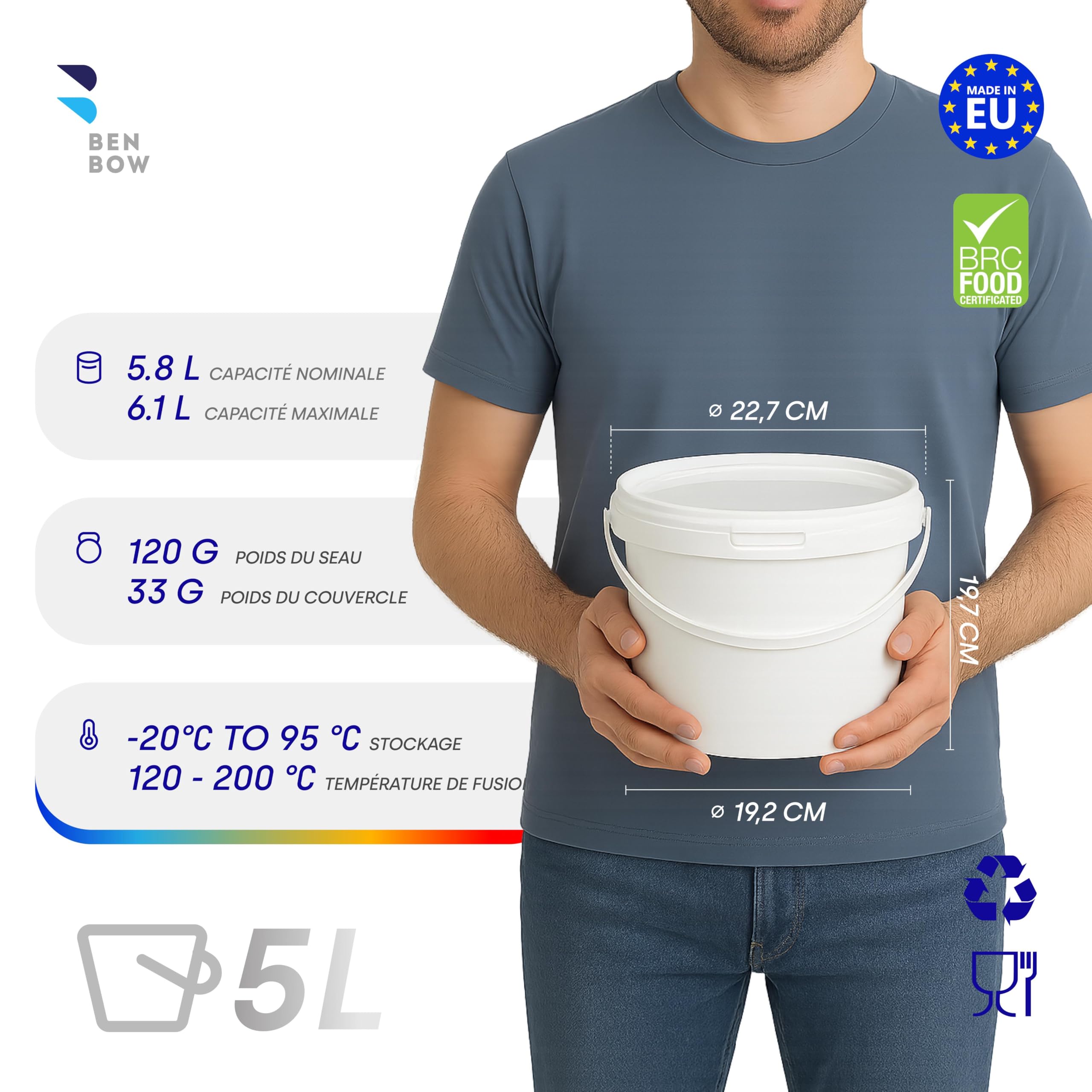 BenBow Seau avec Couvercle 5l Blanc - Convient pour Aliments, Stable, étanche à l'air, Anti-Fuite, inodore - récipient de Conservation en Plastique, avec poignée - Vide, 5X 5 litres