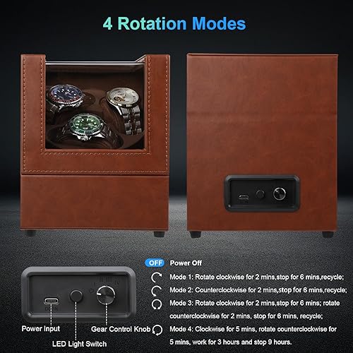 Miniatura 4 de J&T Technology Enrollador de reloj para relojes automáticos, enrollador automático de reloj con luz LED, caja de reloj giratoria con motor Marrón