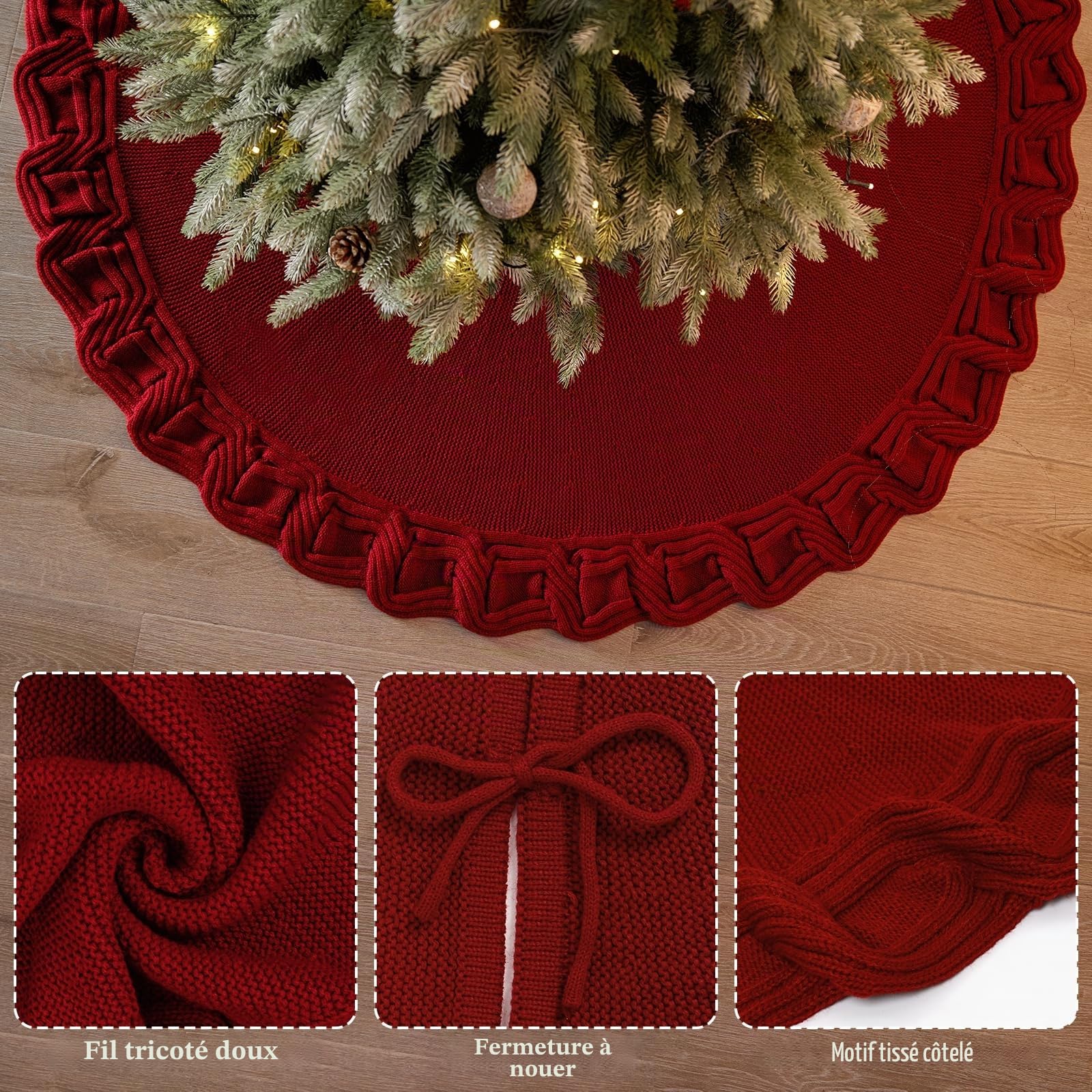 DEMIUKO Jupe de Sapin de Noël 48 inch 122cm Rouge Couvre-Pied Jupe Tricotée pour Sapin De Noël Tapis de l'arbre de Xmas Cache Pied Sapin de Noel pour Décorations de Noel Maison