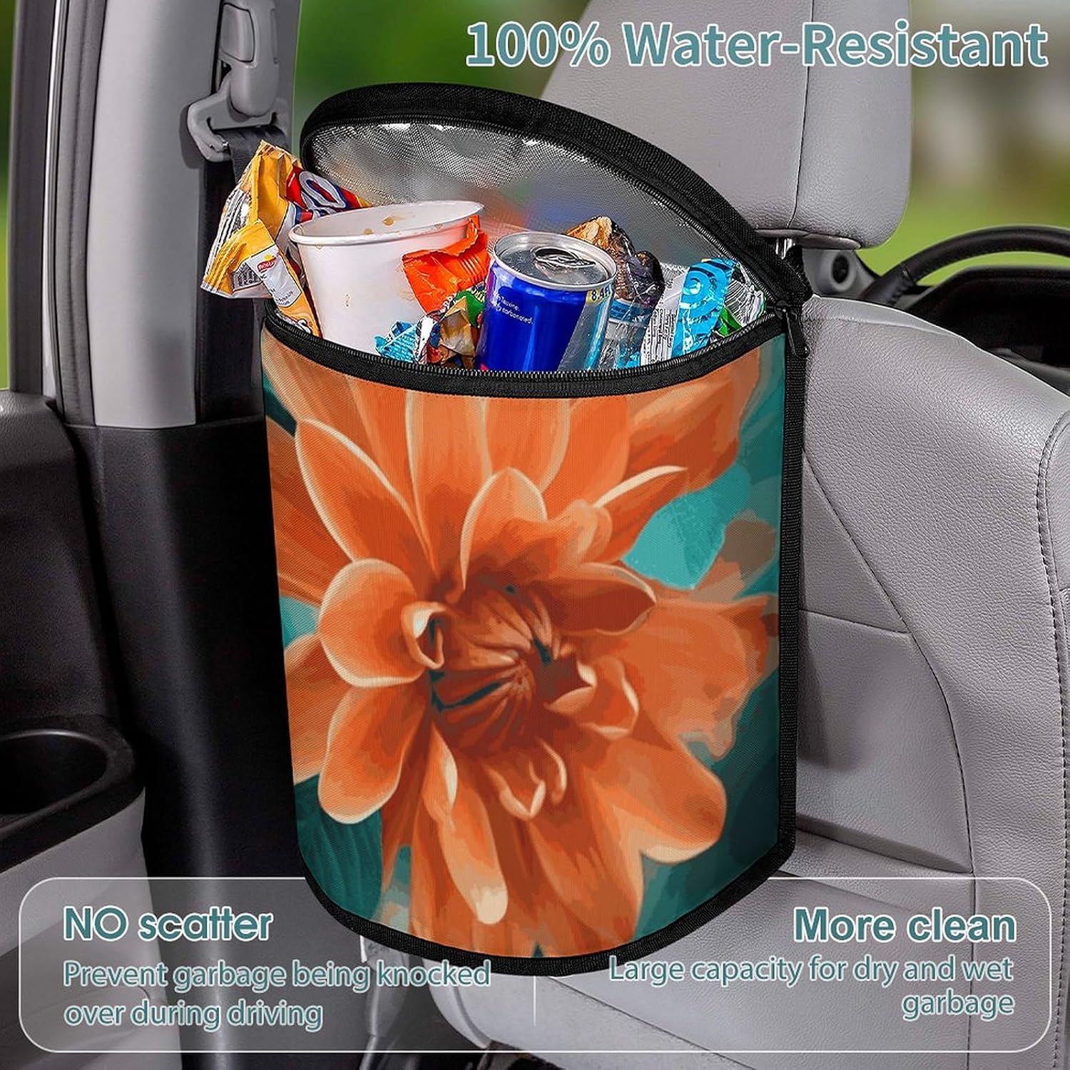 Teal and Flower Car Trash Can Bin Bag Waterproof Car Garbage Can Bag Trash Can for Car Car Trash Can for Women Men Garbage Can for Car Car Trash Can with Lid Trash for Car Trucks Rvs