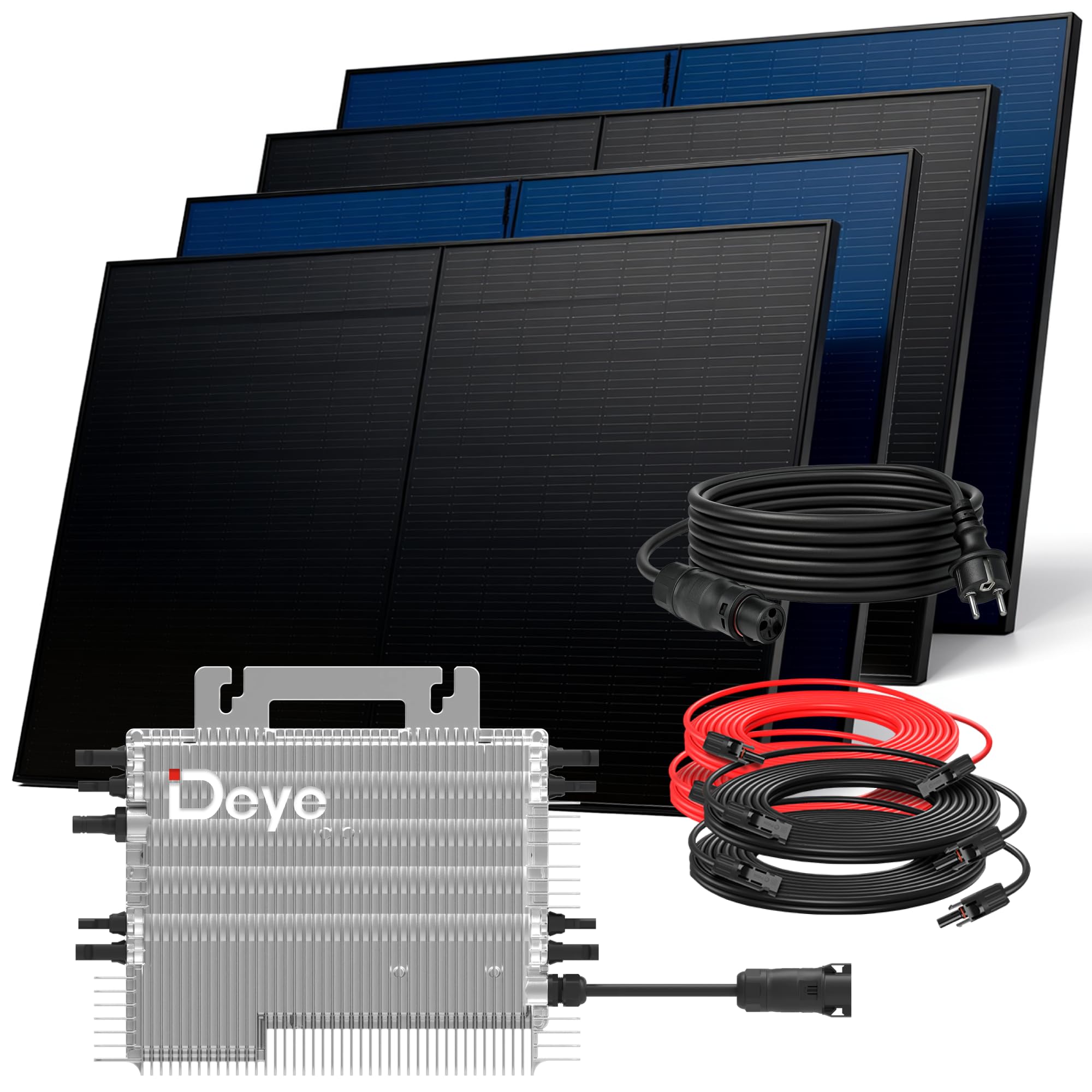 SUNNIVA® 2000W Balkonkraftwerk BIFAZIAL FULLBLACK komplett Steckdose DEYE 1600W Wechselrichter, PV Solaranlage, 4x 500W Glas Solarmodule, inkl. 5m Kabel, Bluetooth WIFI, Komplettset