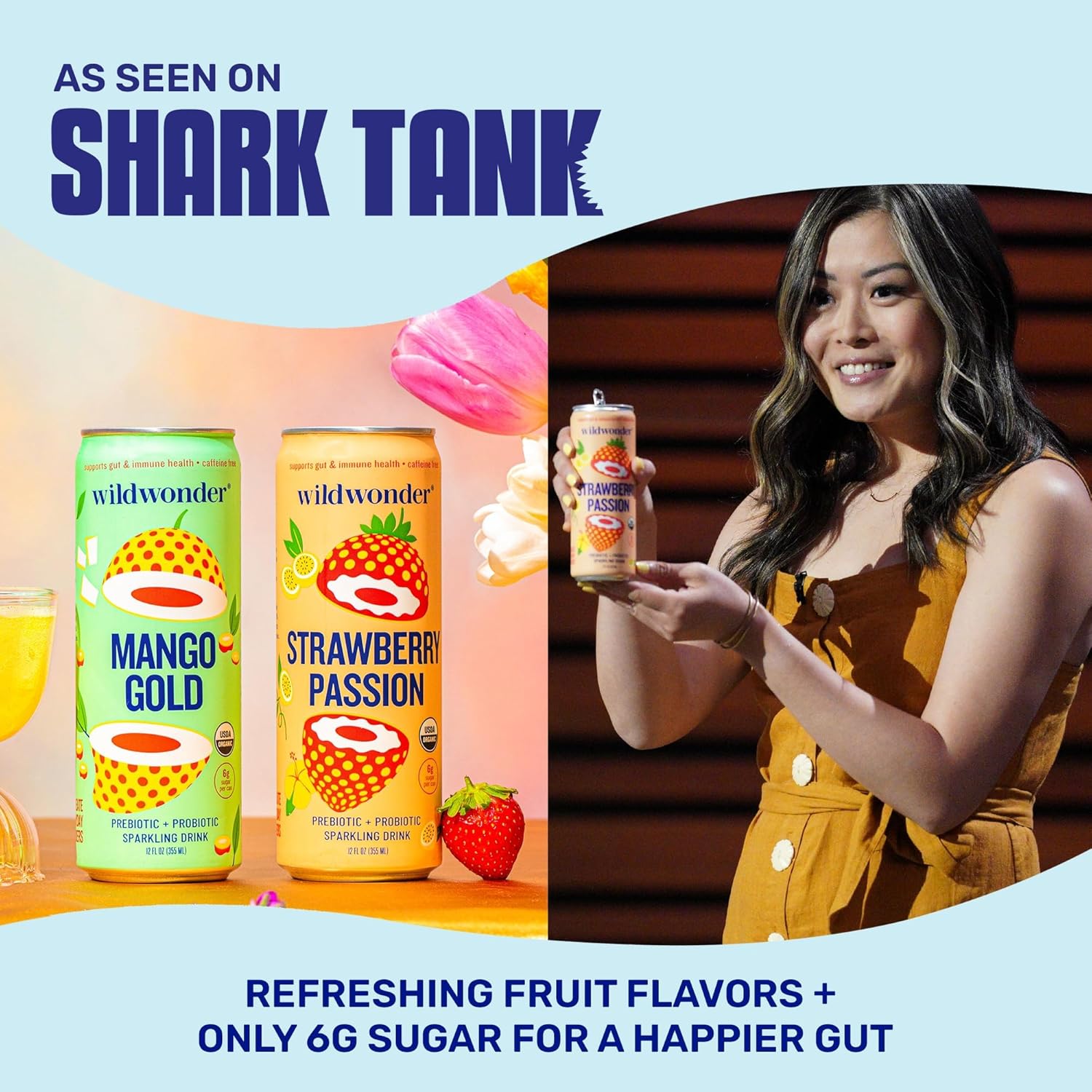 wildwonder Sparkling Probiotic Drink 12pk, for Gut Health & Immune Support, Guava Rose, 5 G Prebiotic Fiber, Live Probiotics, Organic, Vegan, Low Sugar, 12 Pack, 12 Oz Can, As Seen on Shark Tank