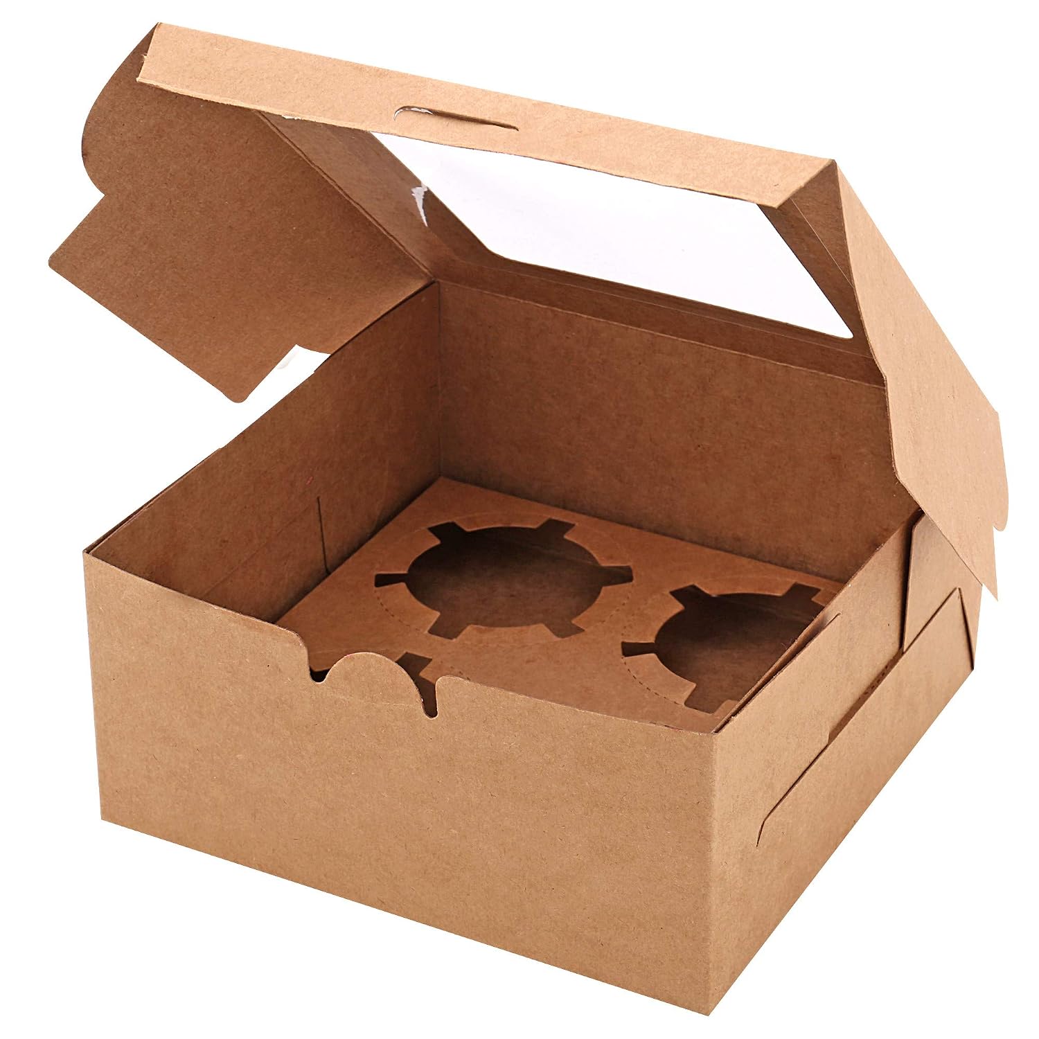 30-Set Cupcake Boxes with Inserts and Window Hold 4 Cupcakes, 6.3'' x 6.3'' x 3'', Brown Food Grade Kraft Cupcake Holder for Cookies, Muffins