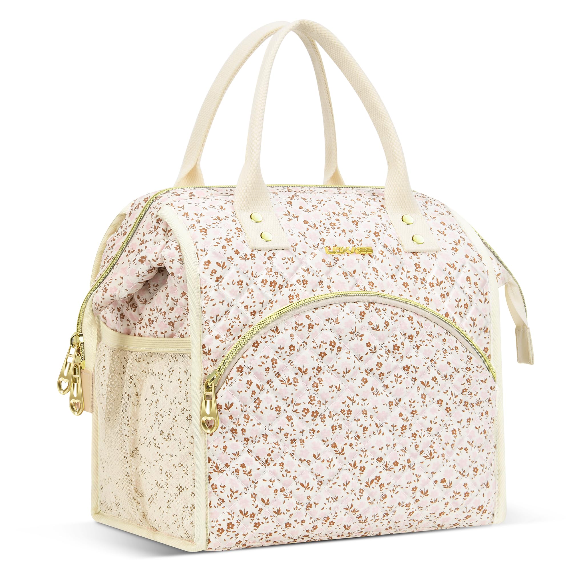 LOKASS Sac à déjeuner isotherme pour femme - Boîte à déjeuner réutilisable de 10 L pour femme - Sac fourre-tout étanche pour adultes, travail, plage, voyage, pique-nique (petits motifs floraux blancs)