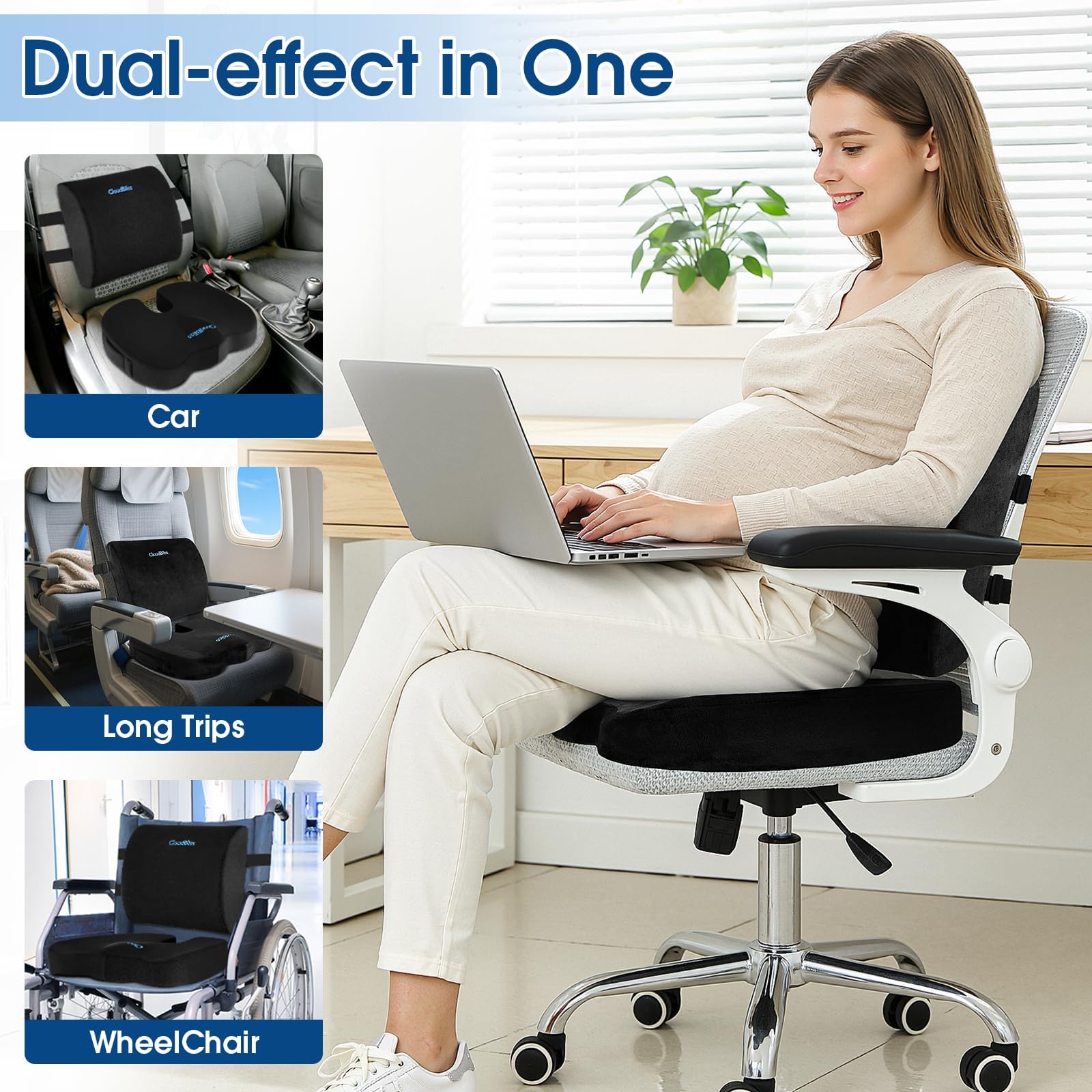 CloudBliss Cuscino per sedia, cuscino per sedia da ufficio, cuscino per sedile auto, cuscino di supporto lombare per sedia da ufficio, cuscino in memory foam per coccige e sollievo dal dolore alla