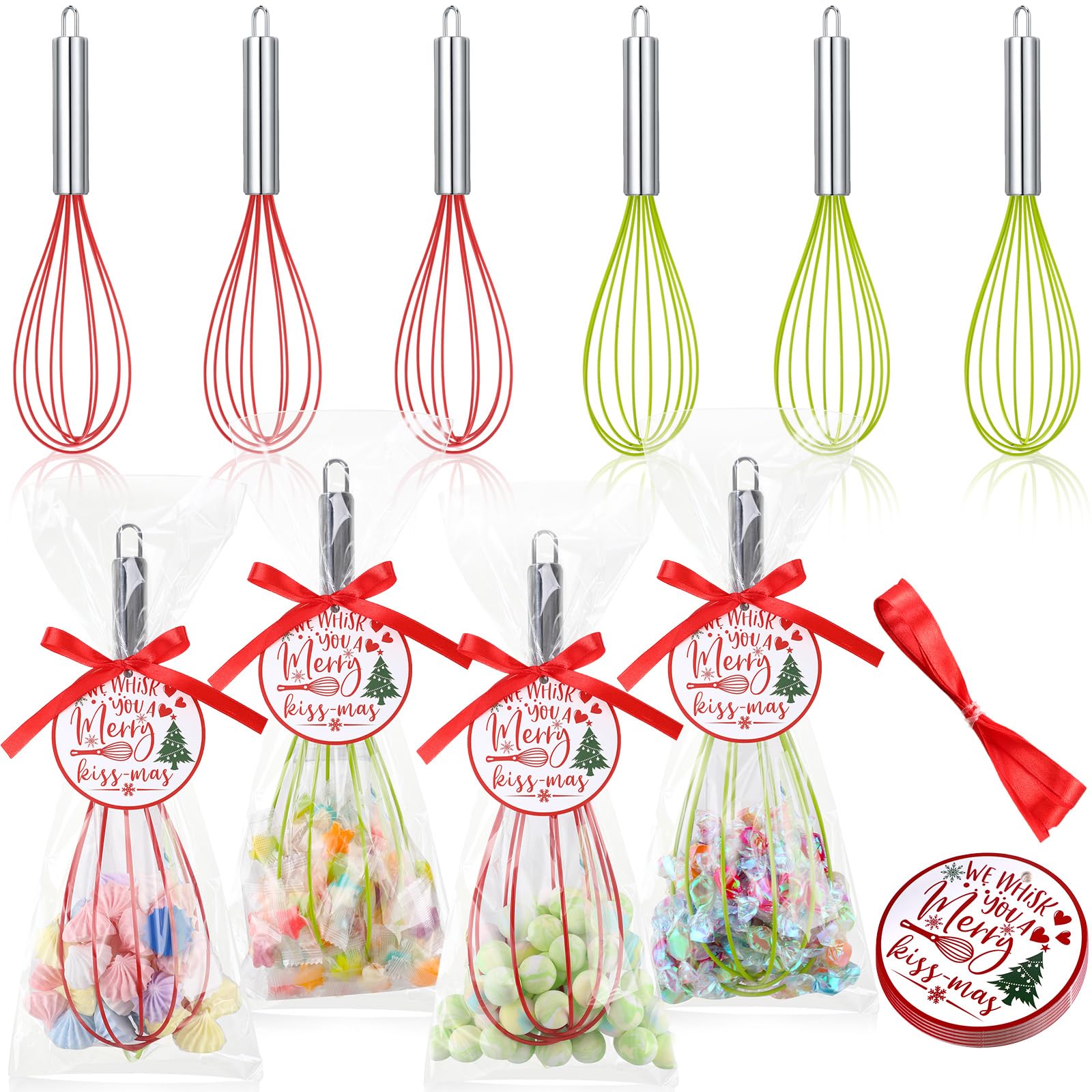 FoldTier 6 Sets 10 Inch Christmas Whisks Gifts DIY Fillable Christmas Tree Ornaments Xmas Colored Silicone Whisks for Cooking Heat Resistant Egg Beaters with Card Rope Bag for Candy Holder