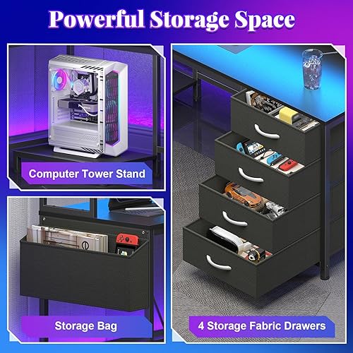 Miniatura 5 de Escritorio para juegos en forma de L con panel de luces LED y tomas de corriente, escritorio de computadora en forma de L con gabinete y cajones,