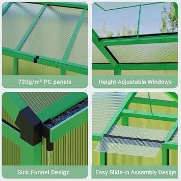 6x10 FT Greenhouse for Outdoors, Polycarbonate Greenhouse with Roof Vent, Ground Nails, Lockable Push Door, Aluminum Large Walk-in Green House for Outside Garden Backyard, Patio, Lawn, Green