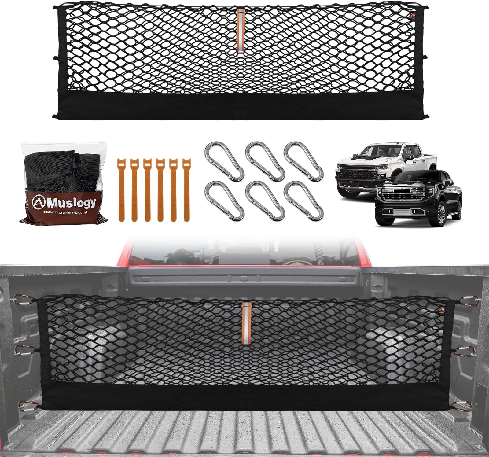 Muslogy Truck Bed Cargo Net Trunk Netting Compatible with 2013-2026 Chevy Silverado & GMC Sierra 1500/2500HD/3500HD Accessories, Pickup Cargo Organizer SUV Sedan Storage Net w/Heavy Duty Carabiners