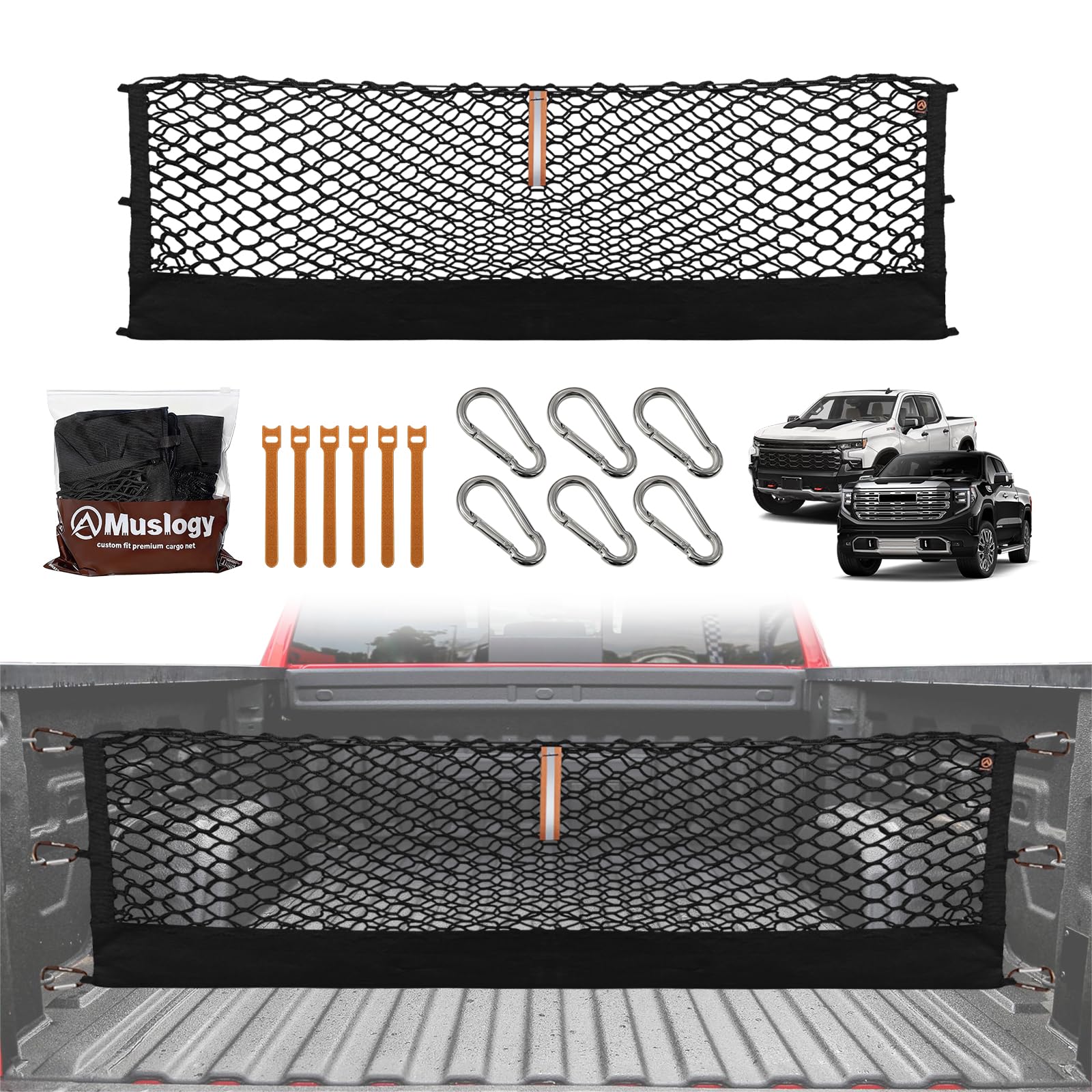 Muslogy Rete per Cassone del Camion Compatibile con Chevy Silverado e GMC Sierra 1500/2500HD/3500HD 2013-2025, Organizer per Accessori e Stoccaggio per Cassone del Pick-up, Stile Busta, con