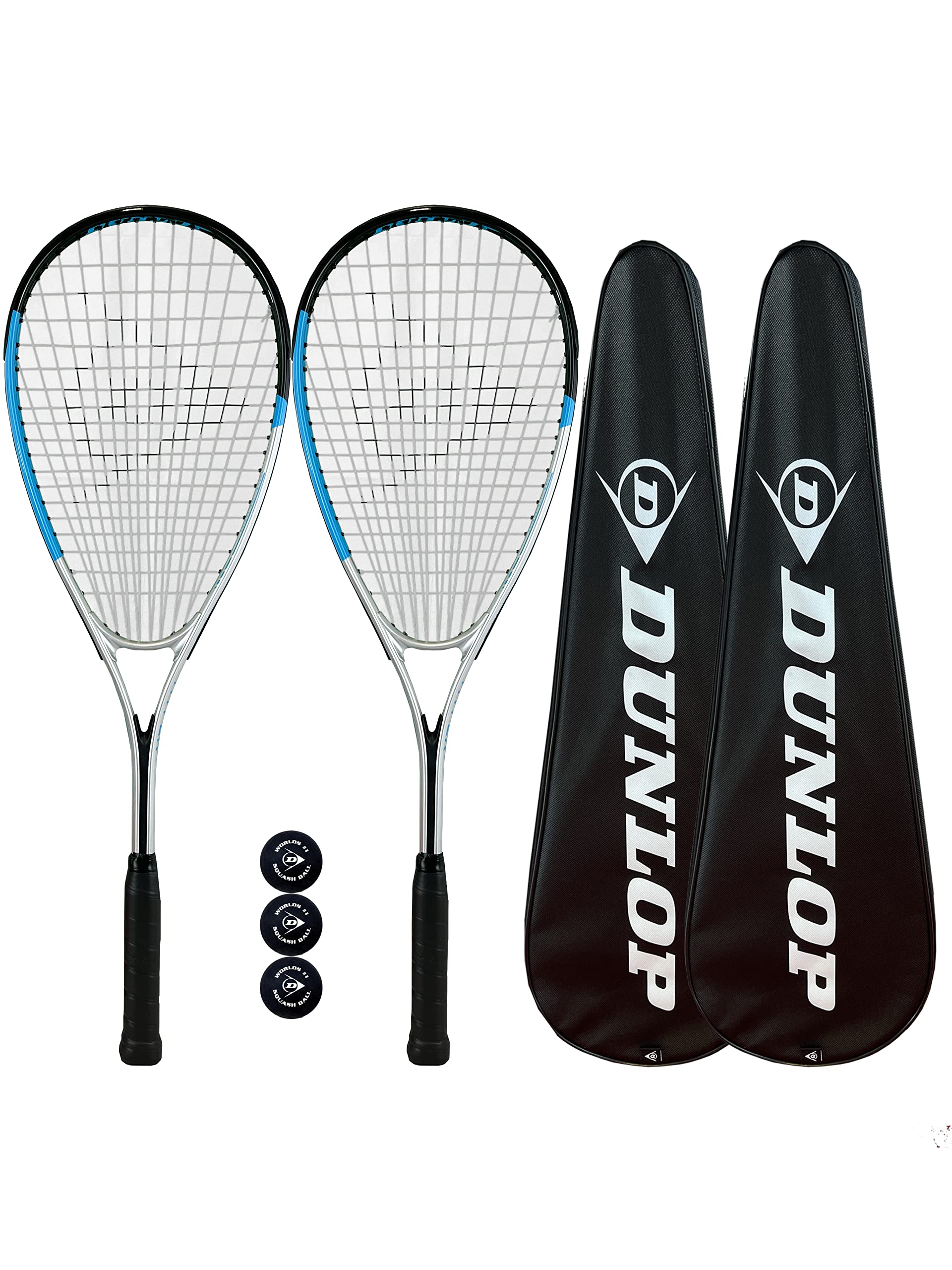 Dunlop Hyper Lite Nano - Raqueta de squash (2 unidades, incluye fundas protectoras completas y 3 pelotas de squash)