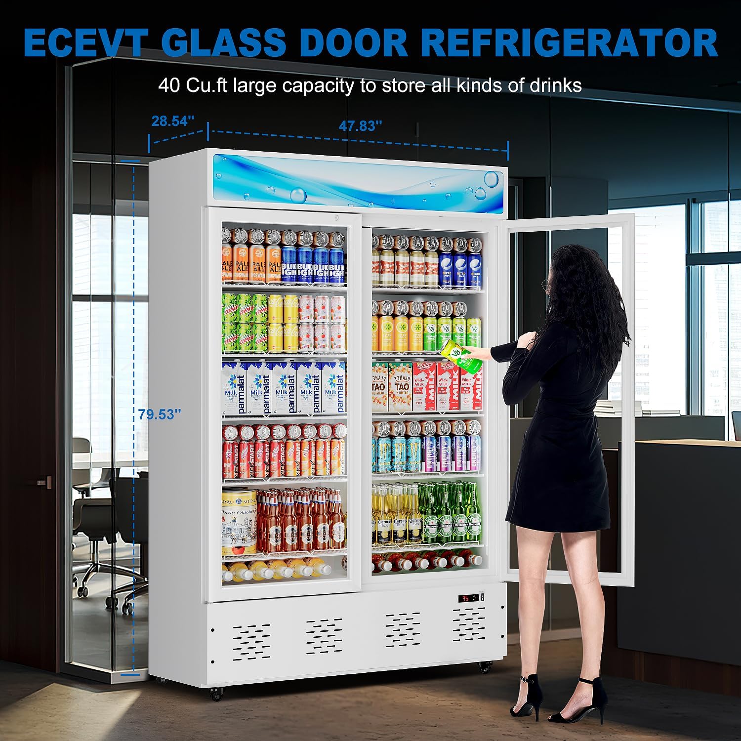 47.8'' W Commercial Beverage Refrigerators, 40 Cu.ft Glass Door Refrigerator Commercial Cooler with LED Light and 10 Shelves, Display Refrigerator for Restaurant Store Cafe Bar, White