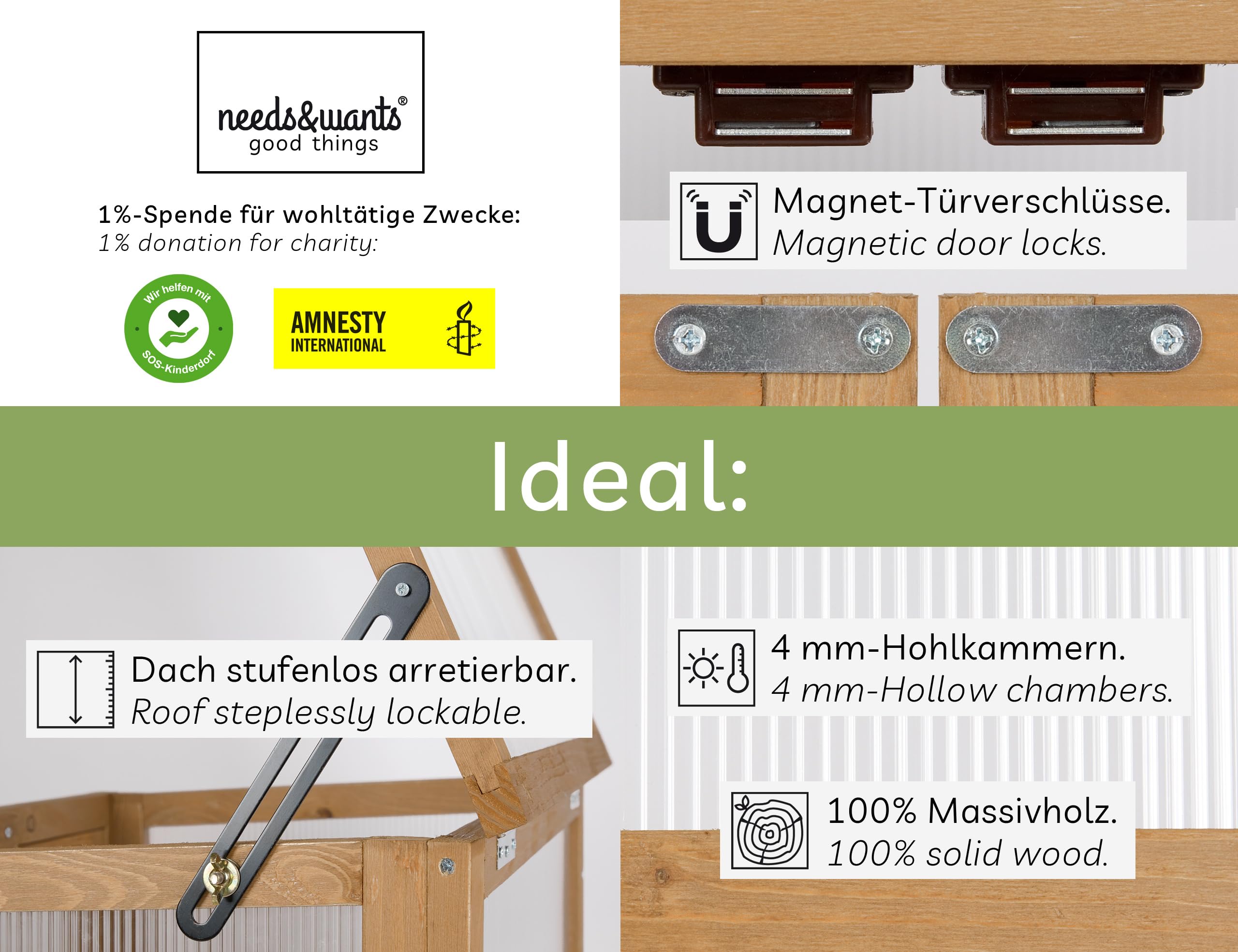 needs&wants® Mini Gewächshaus Treibhaus klein Winterfest aus Holz für Balkon Garten Indoor, Frühbeet Hochbeet Pflanzschrank Anzuchthaus, auch für Schildkröten, Polycarbonat